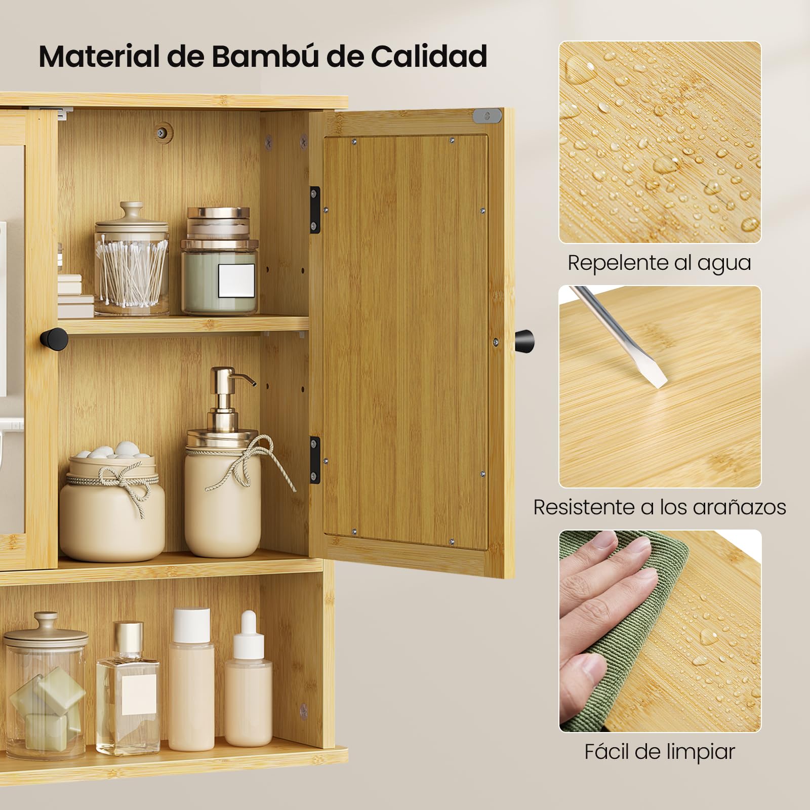 EUGAD Armario Baño de Bambú, Armario Baño Pared con Puertas de Espejo, Mueble con 1 Estante Ajustable y 1 Compartimiento Abierto, Cocina y Dormitorio, 56x14x58 cm