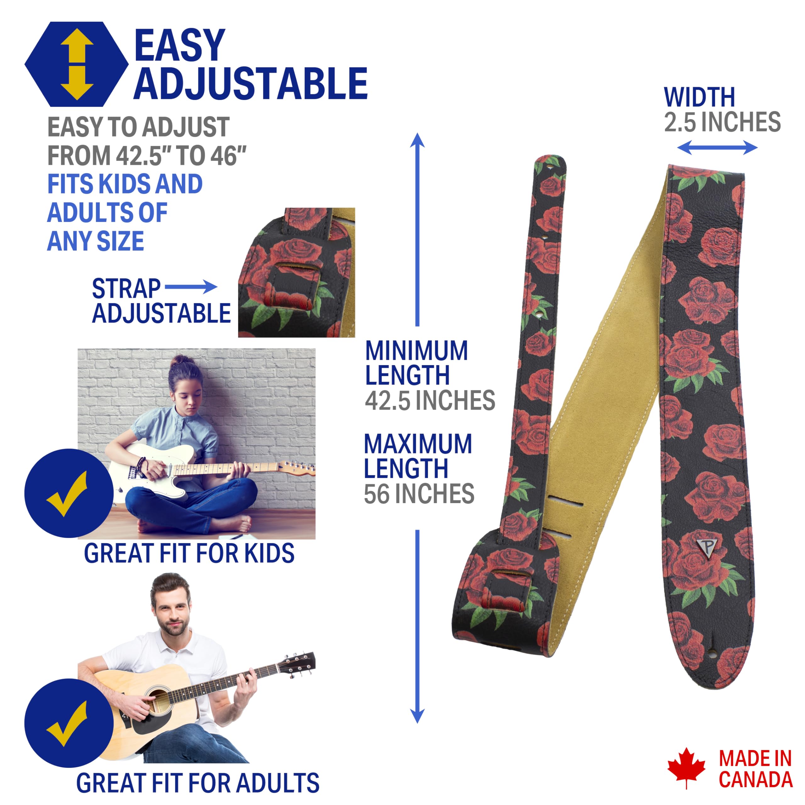 Perri's Leathers Ltd., BOHO, Red Rose, Direct to Garmet Leather Guitar Strap, Adjustable Length, for Electric Acoustic - Image 2