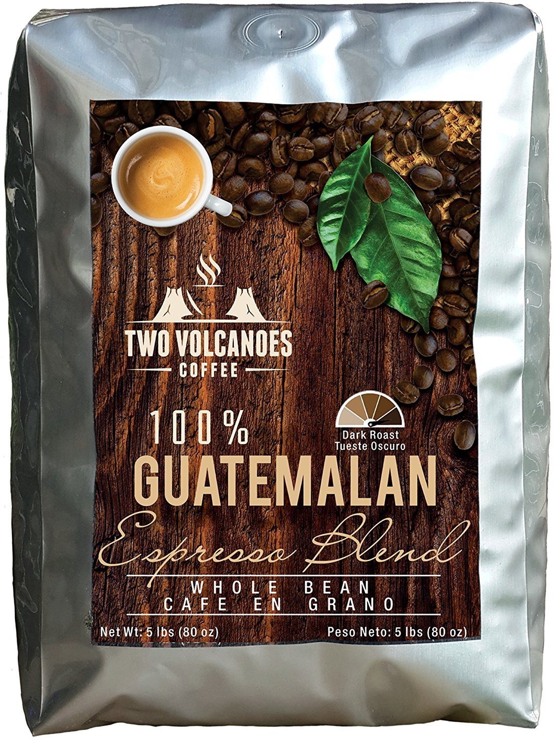 Two Volcanoes Whole Bean Coffee - 5 Lbs - Guatemalan Dark Roast Espresso Blend From Rare Gourmet Coffee Beans. Get The Kick, Enjoy the Smoothness!