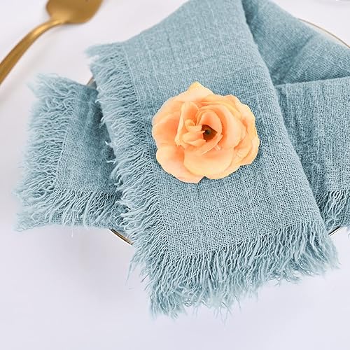 Miniatura 3 de Paquete de 36 servilletas de lino de algodón hechas a mano con flecos, 16 x 16 pulgadas, servilletas de tela hechas a mano azul polvoriento,