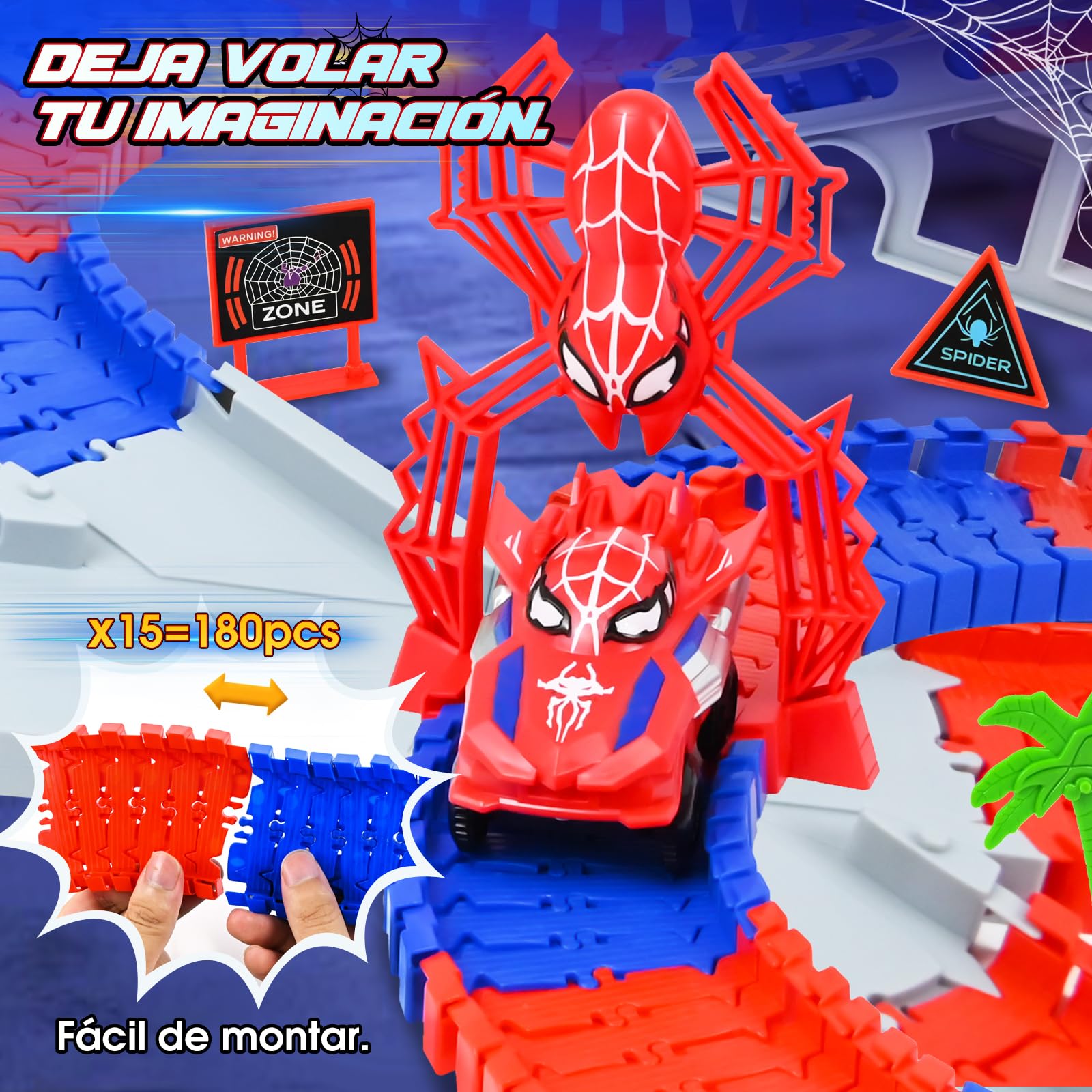 PATEMZON Circuito de Carreras, Pista Spider, Circuito Pista Coches De Juguetes 2 Vehículos, 208 PCS Circuito de Carreras Flexible de 360, Juguetes de Carreras para Niños Mayores de 3 Años