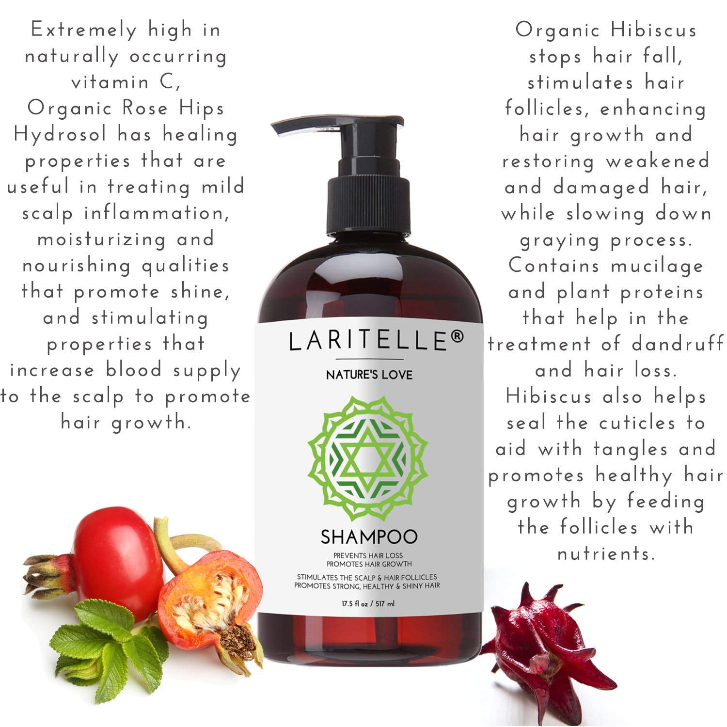 Laritelle Organic Shampoo Nature's Love | Organic Quinoa + Keratin + Follicle Stimulating Rosemary, Ginger & Grapefruit | Hair Loss Prevention, Clarifying, Softening, Strengthening | NO GMO. Vegan