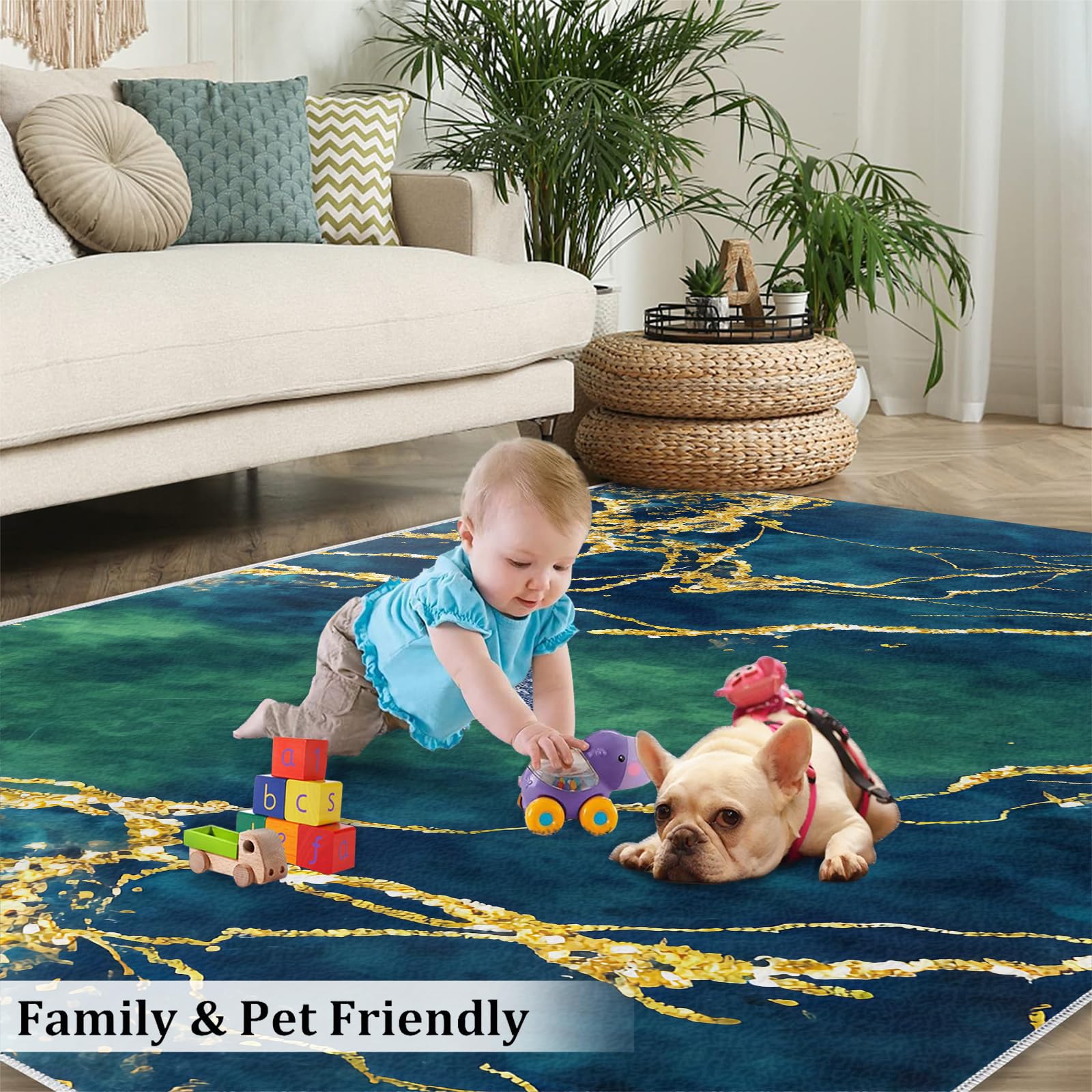 Tapis de marbre vert émeraude doré pour salon, 100x150 cm, tapis de luxe à motif géométrique abstrait pour chambre, tapis de cuisine antidérapant et lavable, tapis à poil court et doux pour