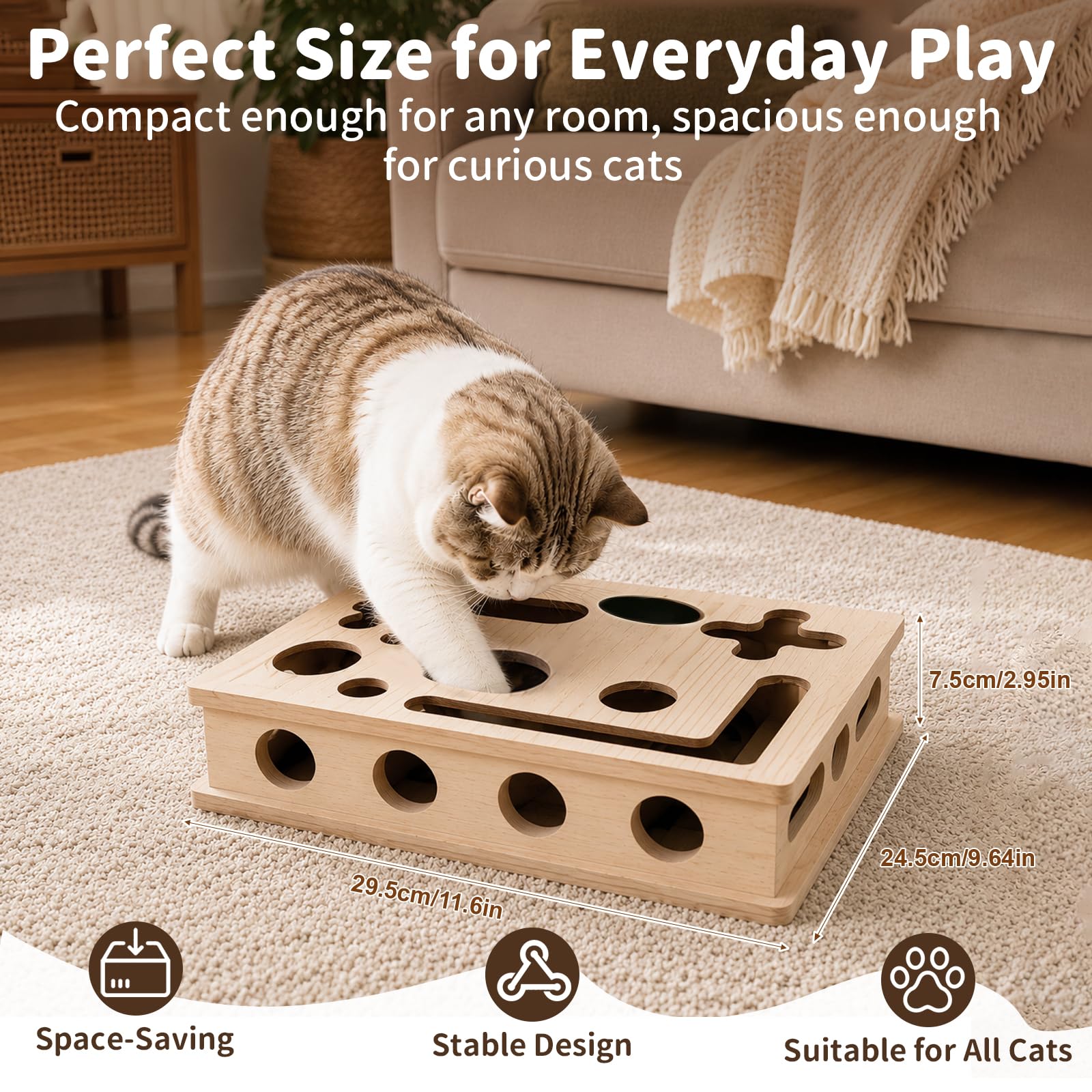HA BIN 2-in-1 Kratzpuzzle für Katzen – Interaktives Katzenspielzeug mit Sandpapier-Nagelfeile, Holz Kratzbrett & Futterlabyrinth gegen Langeweile, Activity-Center für Wohnungskatzen
