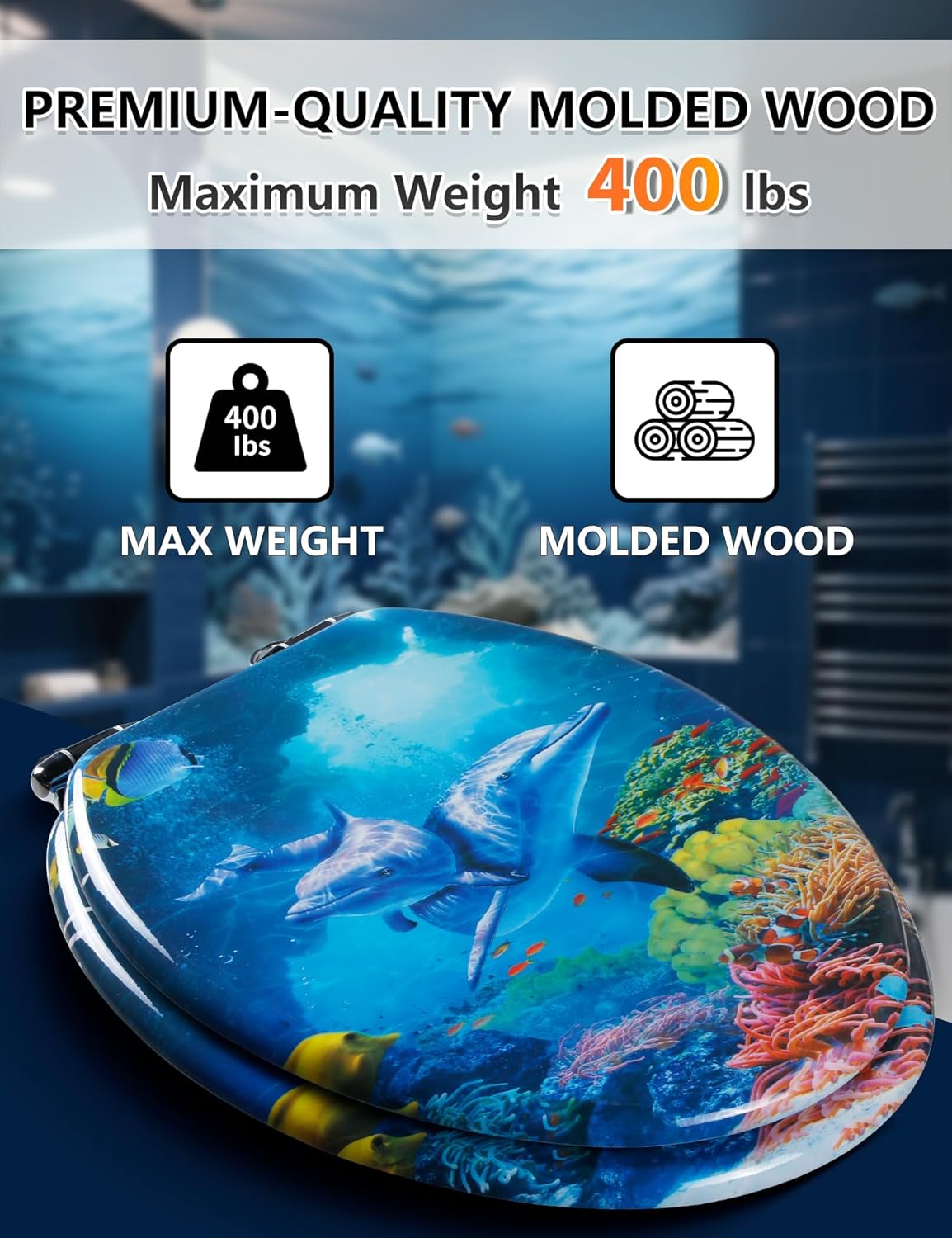 Angol Shiold Soft Close Wood Toilet Seat ELONGATED, Quiet and Slow Close Lid and Seat, Quick Release Easy Installation & Clean Hinges(18.5-inch, Blue Ocean Dolphins Family)