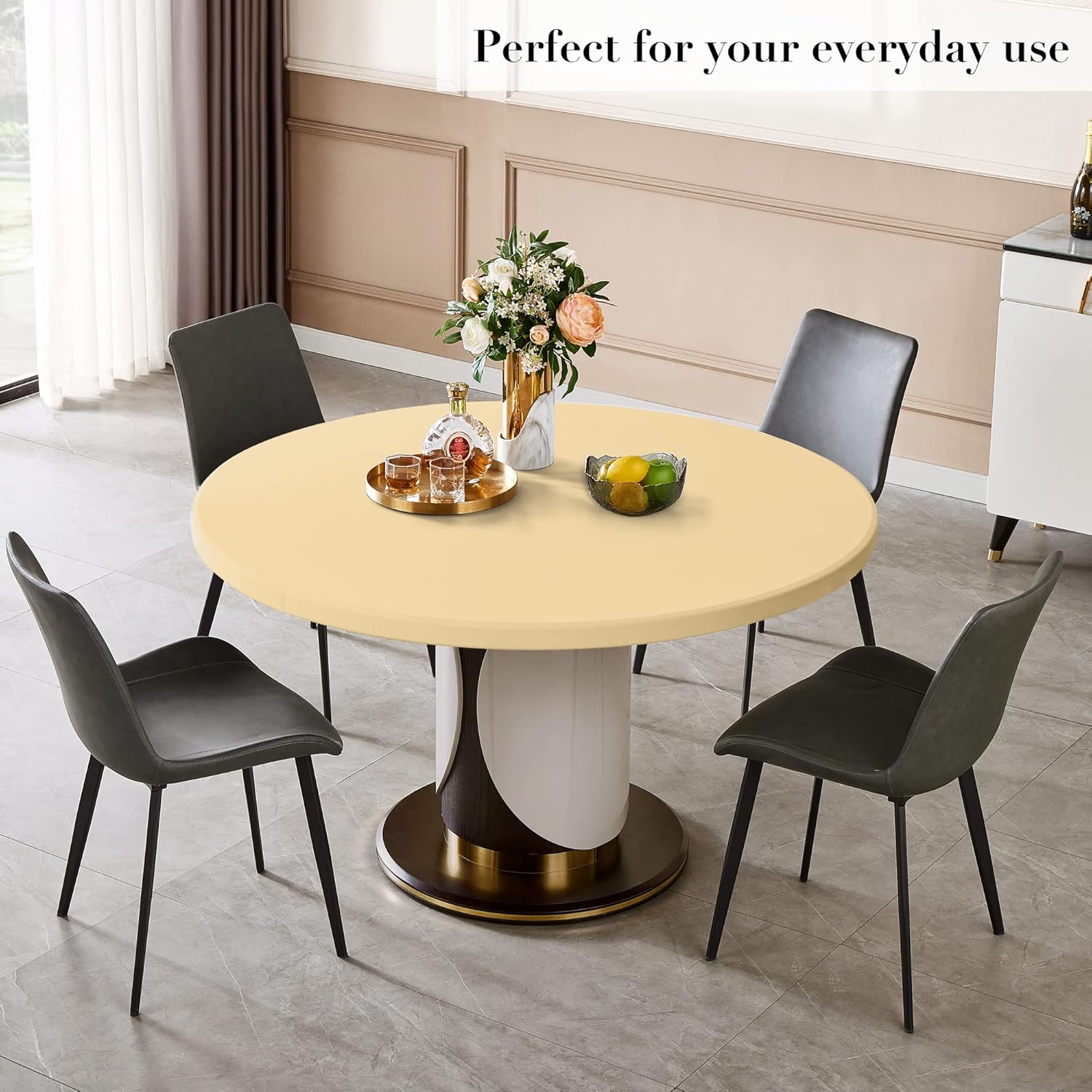 ManMengJi Round Fitted Tablecloth 2 Pack, Champagne Tablecloth with Elastic Edged, Waterproof Wipe Clean Table Cover for Outdoor/Indoor Use, Fits Tables up to 44" Diameter