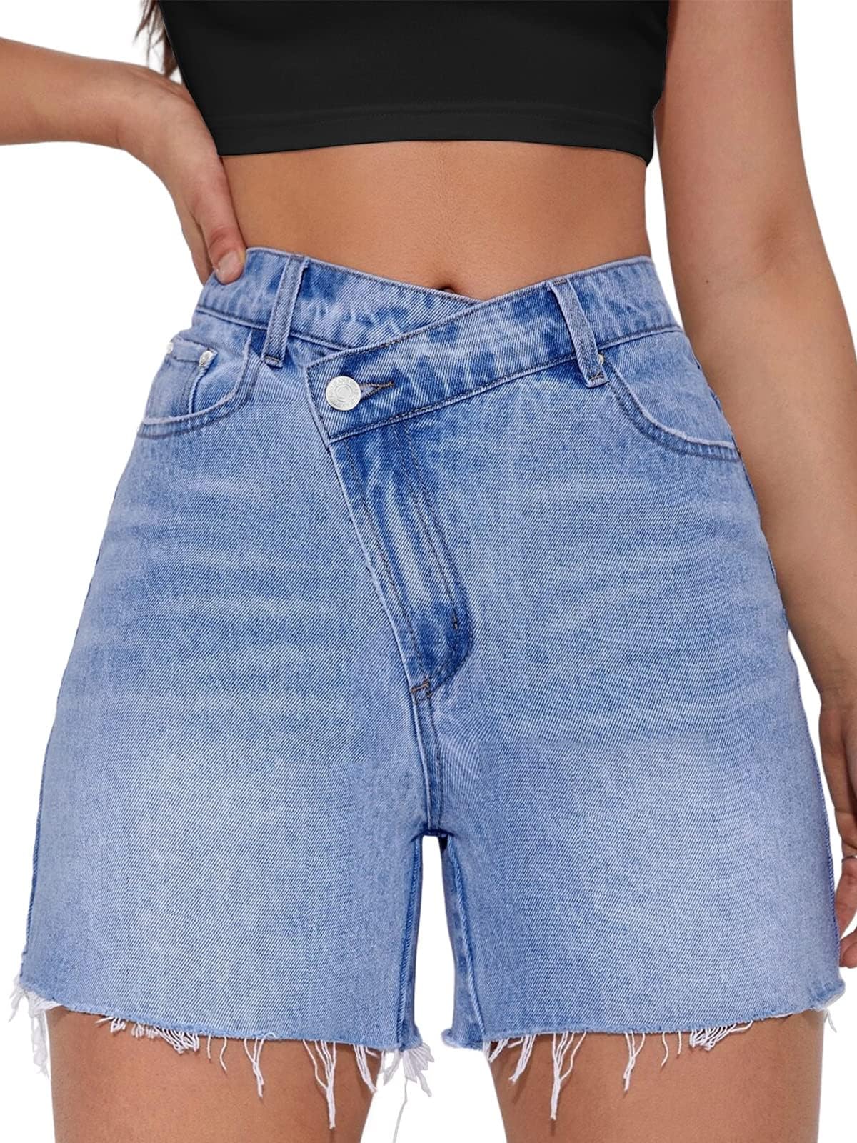 PINYOUWomen's Criss Crossover Jean Shorts, High Waisted Denim Shorts Frayed Raw Hem Asymmetrical Hot Shorts