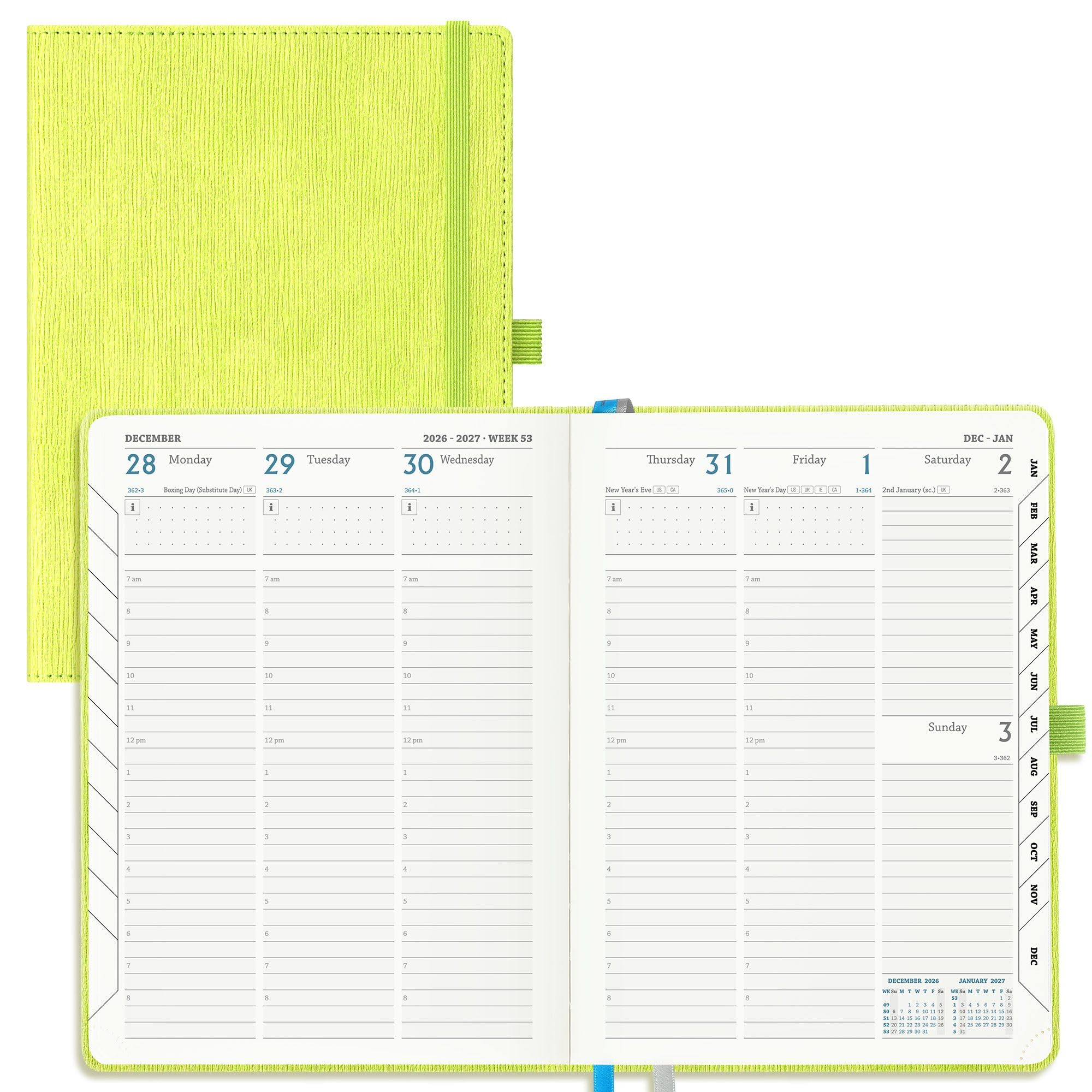 IN-LUXPRO Academic Diary 2026-2027 Week to View A5 Medium (21.9x16.2 cm) 18 Months (Jul'26 - Dec'27) Mid Year Diary 26/27 Vertical Weekly Planner with Timeslots& Month Tabs, PU Leather Apple Green — image 1