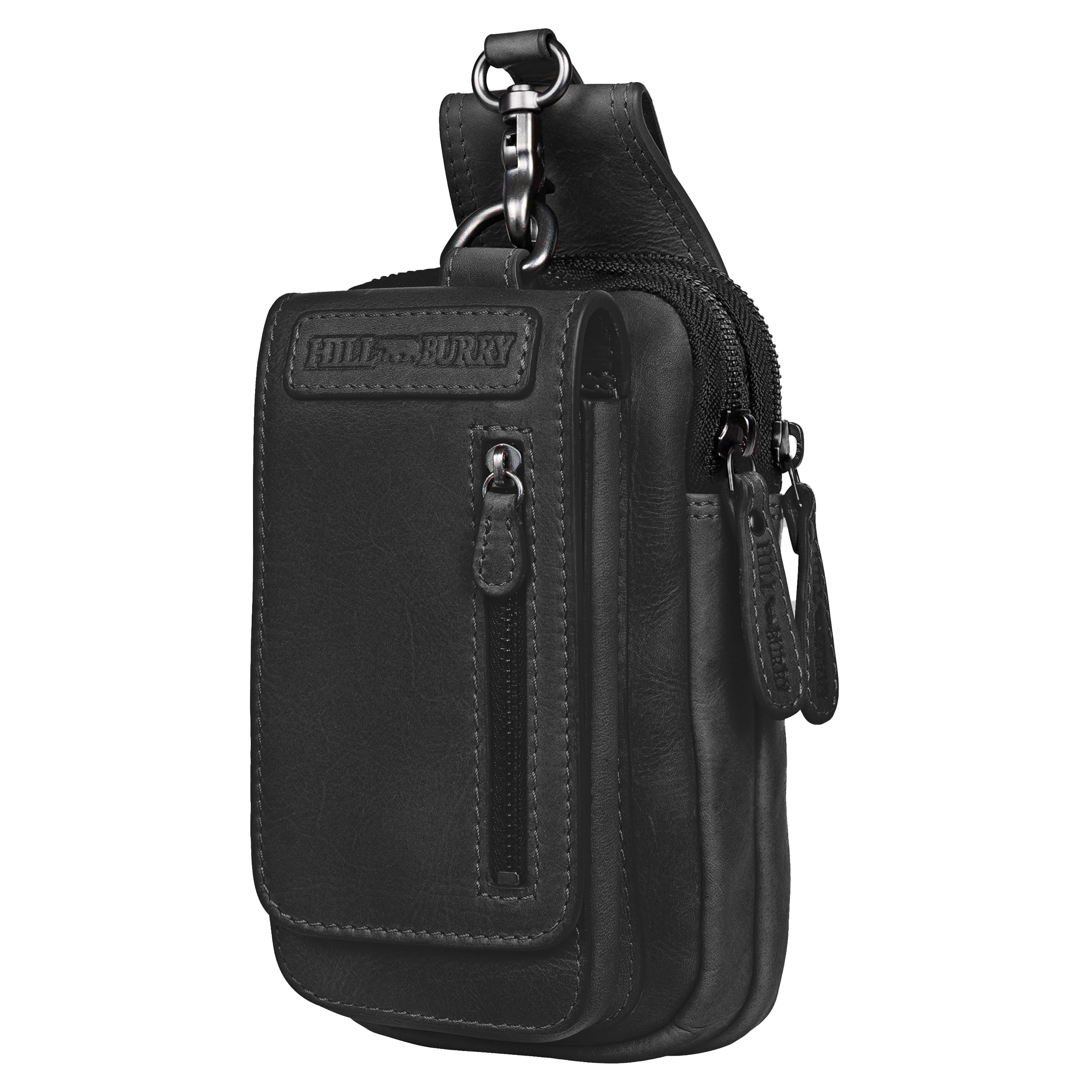 Hill Burry Umhängetasche - Unisex | Echtes Leder | Robuste Verarbeitung und hervorragendes Handling | Professionelle Bauchtasche | Drei Fächer AK-100 Black