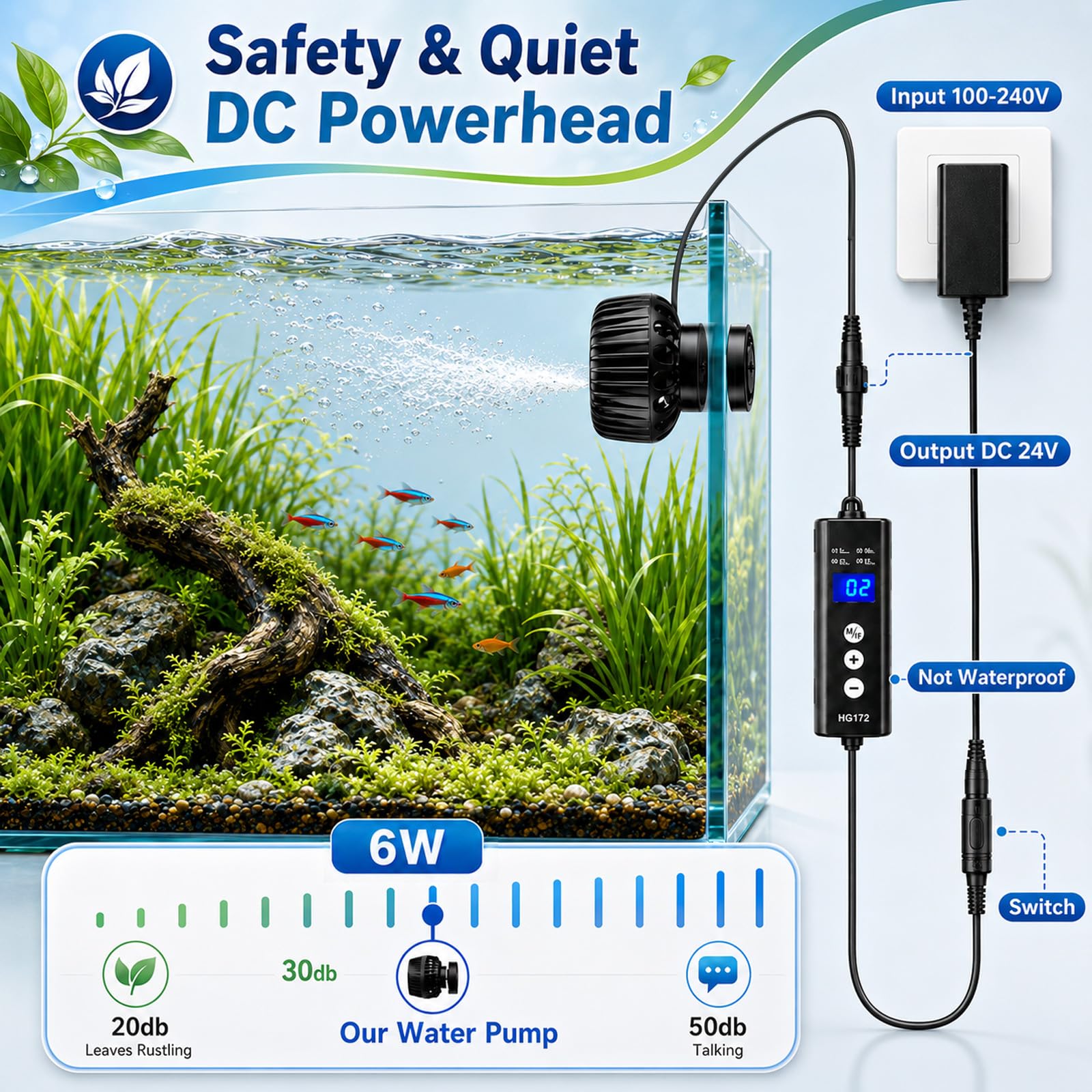 Mini Pompe de Brassage Aquarium 6W, Wave Maker Aquarium Magnétique DC | 3000L/h & 10 Vitesses, Pompe de Circulation avec 4 Modes pour Aquariums 15-189L, pour l'eau Douce et Salée