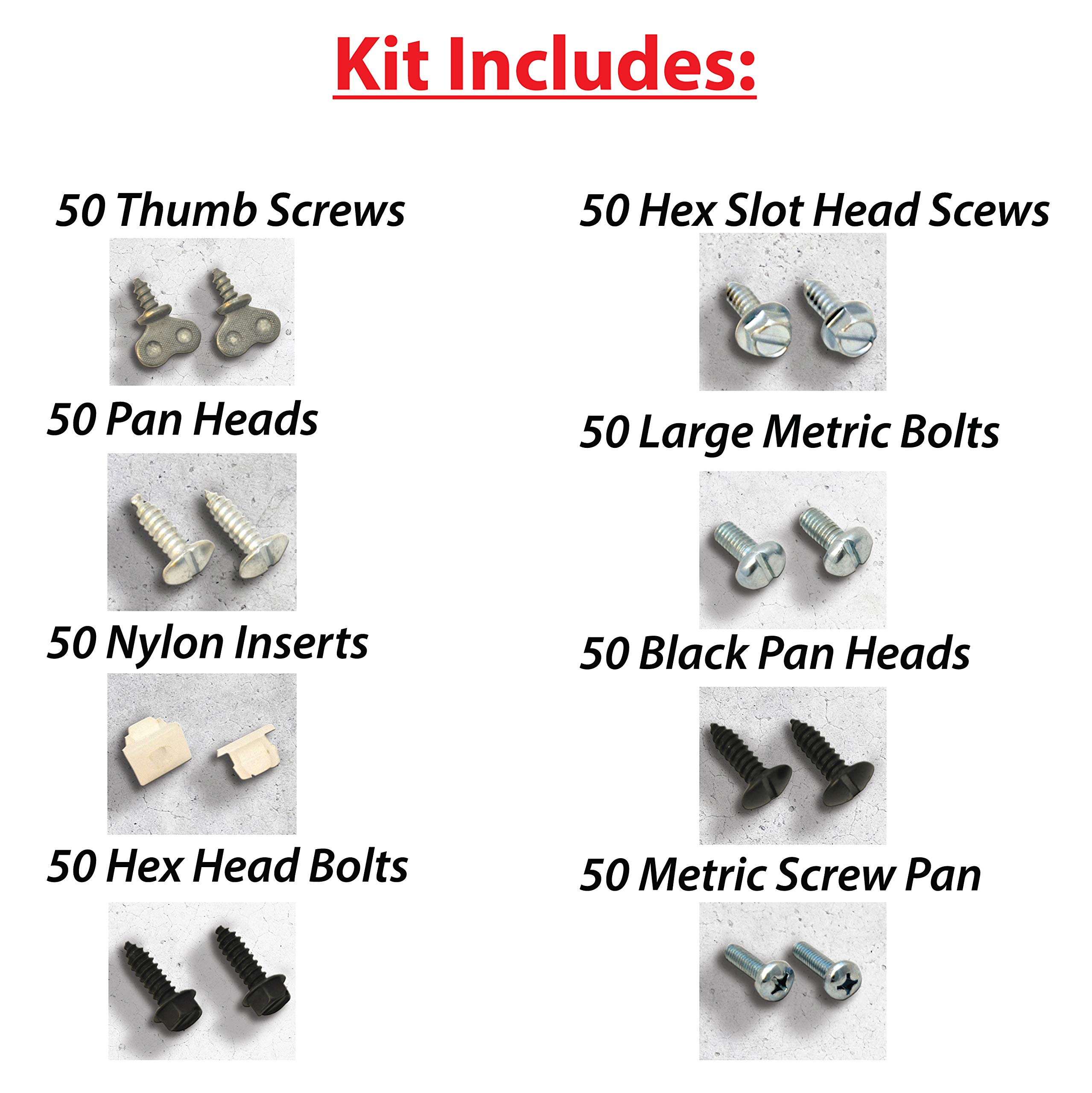 EZ458 License Plate Hardware Kit - 400 Piece Variety Pack, Stainless Steel Screws, Nylon Inserts, Black Screw Covers for License Plates, Frames & Covers