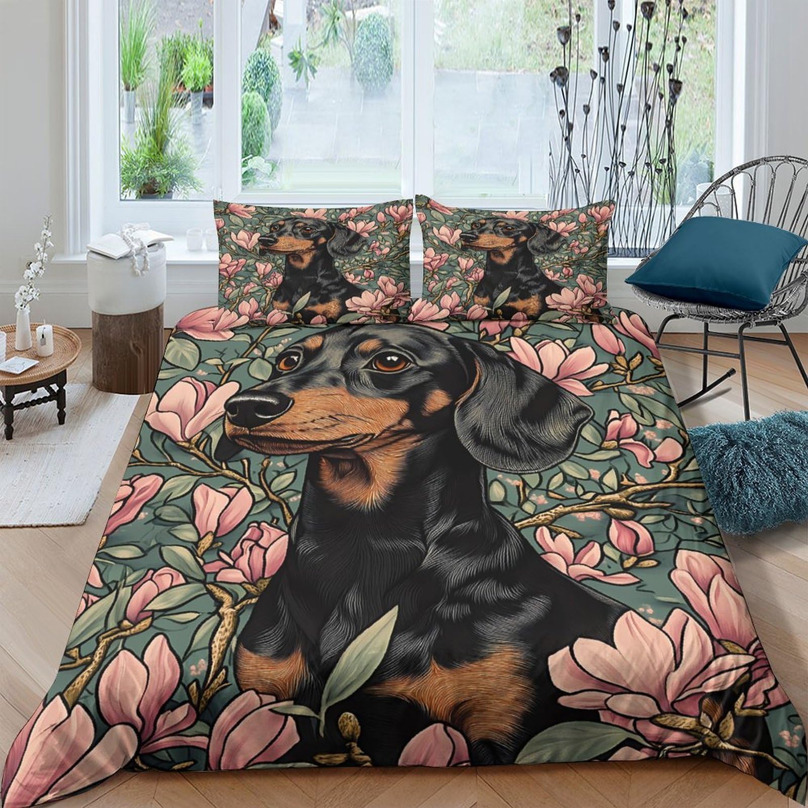 Ctjqhvkz Style-5 3D Printed Dachshund Floral Fitted Sheet Microfiber Soft Breathable Dog Pattern Bed Cover For Bedroom Dorm Decor Single（135X200cm）