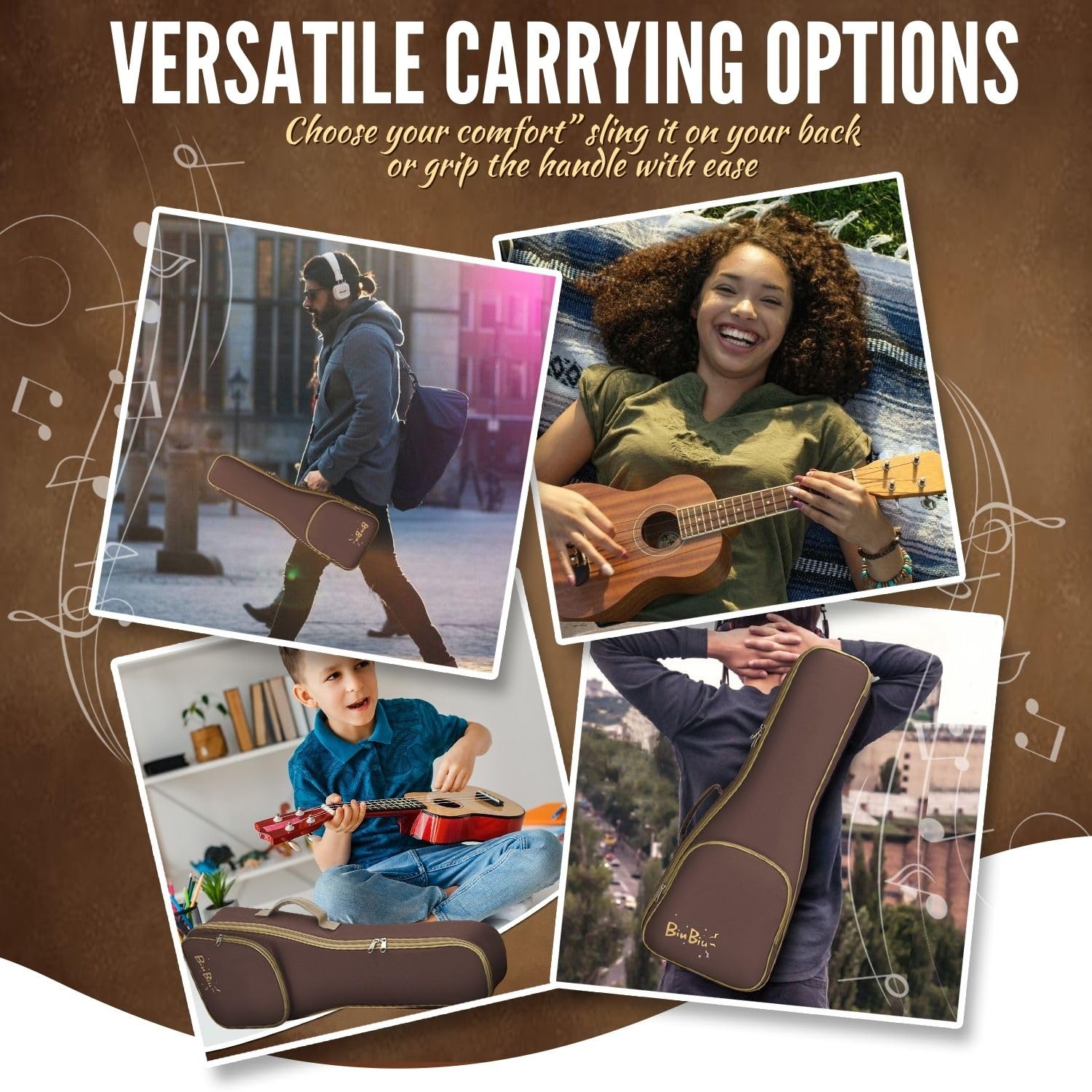 Flexzion Custodia per ukulele, 58 cm, zaino tenore, custodia morbida, impermeabile, con maniglia per il trasporto, tasca e tracolla regolabile, marrone