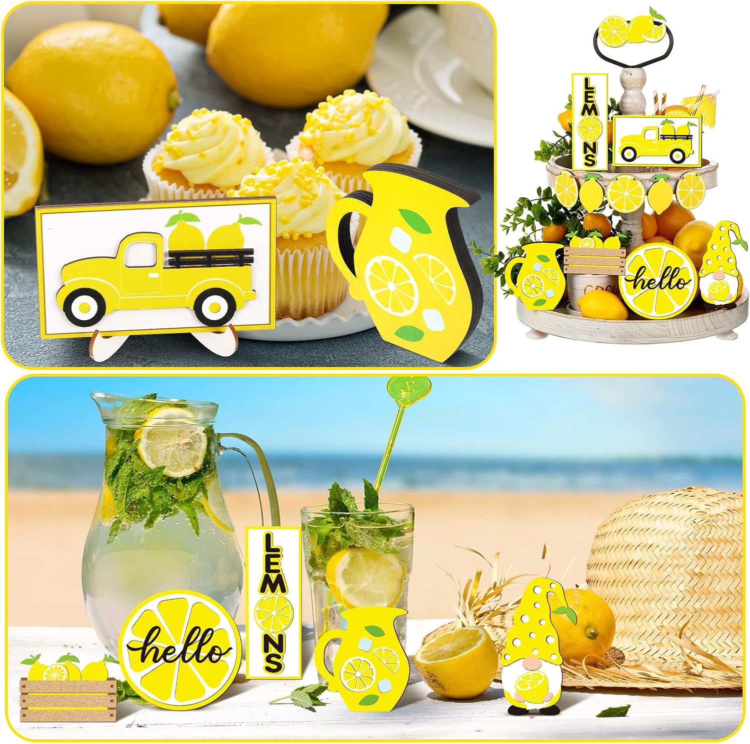 12 Pcs Lemon Tiered Tray Decor Set Gnome Fresh Lemonade Wooden Sign
