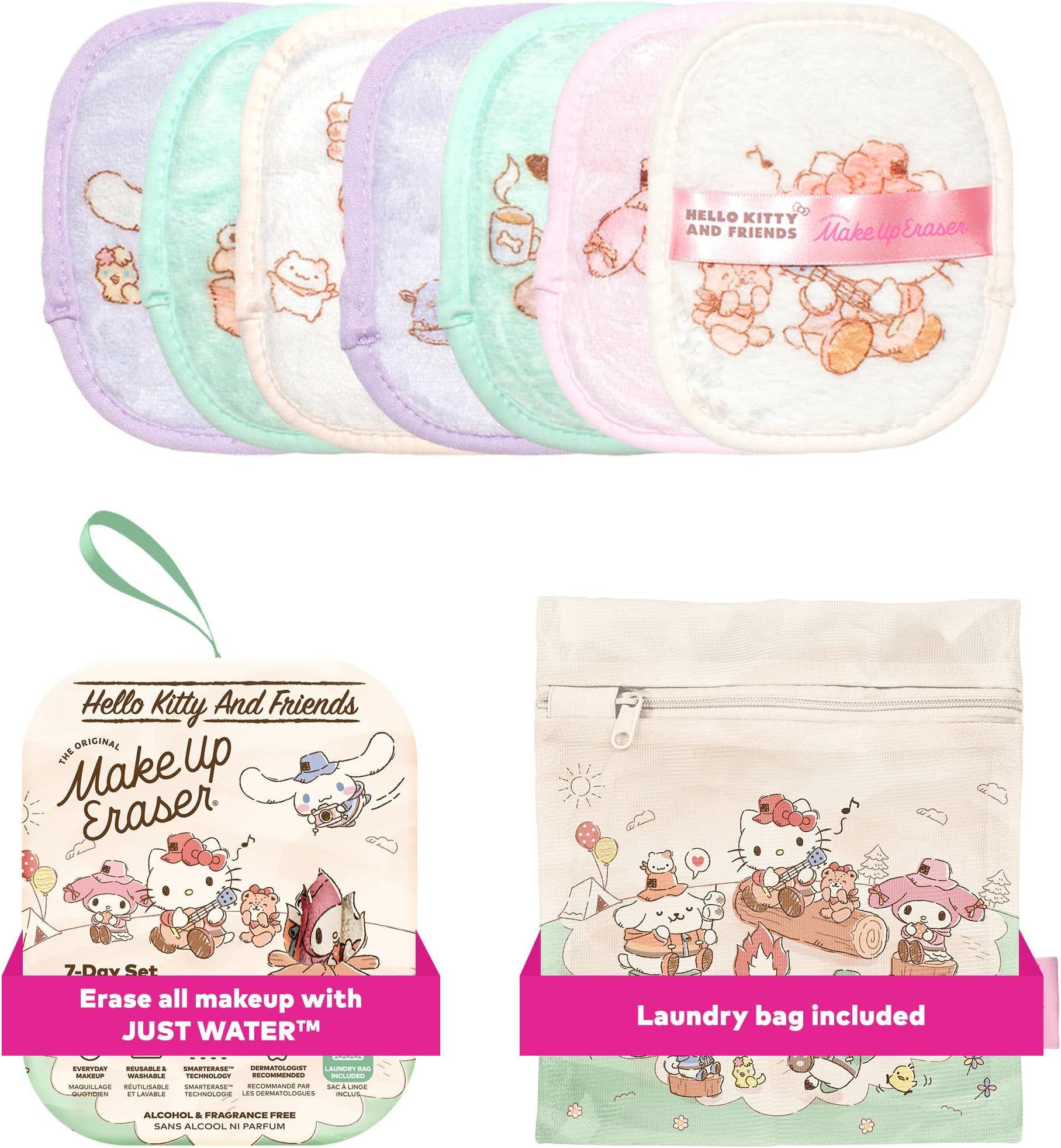 The Original MakeUp Eraser, 7-Day Set, Erase All Makeup With Just Water, Including Waterproof Mascara, Eyeliner, Foundation, Lipstick, Sunscreen, and More!, 7ct. Hello Kitty & Friends Go Glamping, 7ct