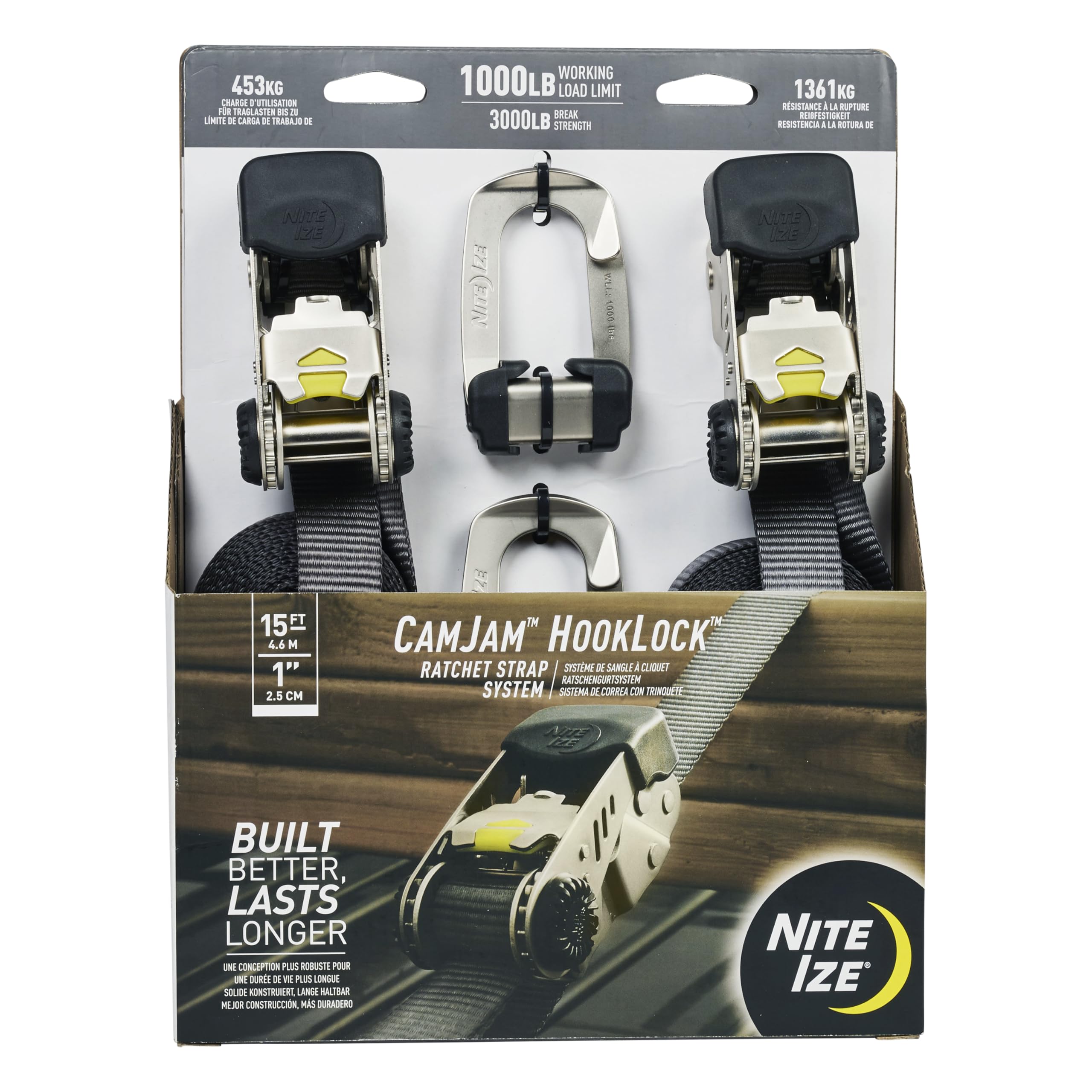 Nite Ize CamJam HookLock Ratchet Strap System - Adjustable, Heavy-Duty Tie Down Straps - Cargo Attachment with Spring-Actuated Hooks - Includes Ratchets, Hooks, Webbing & Storage - Large (2 Pack)