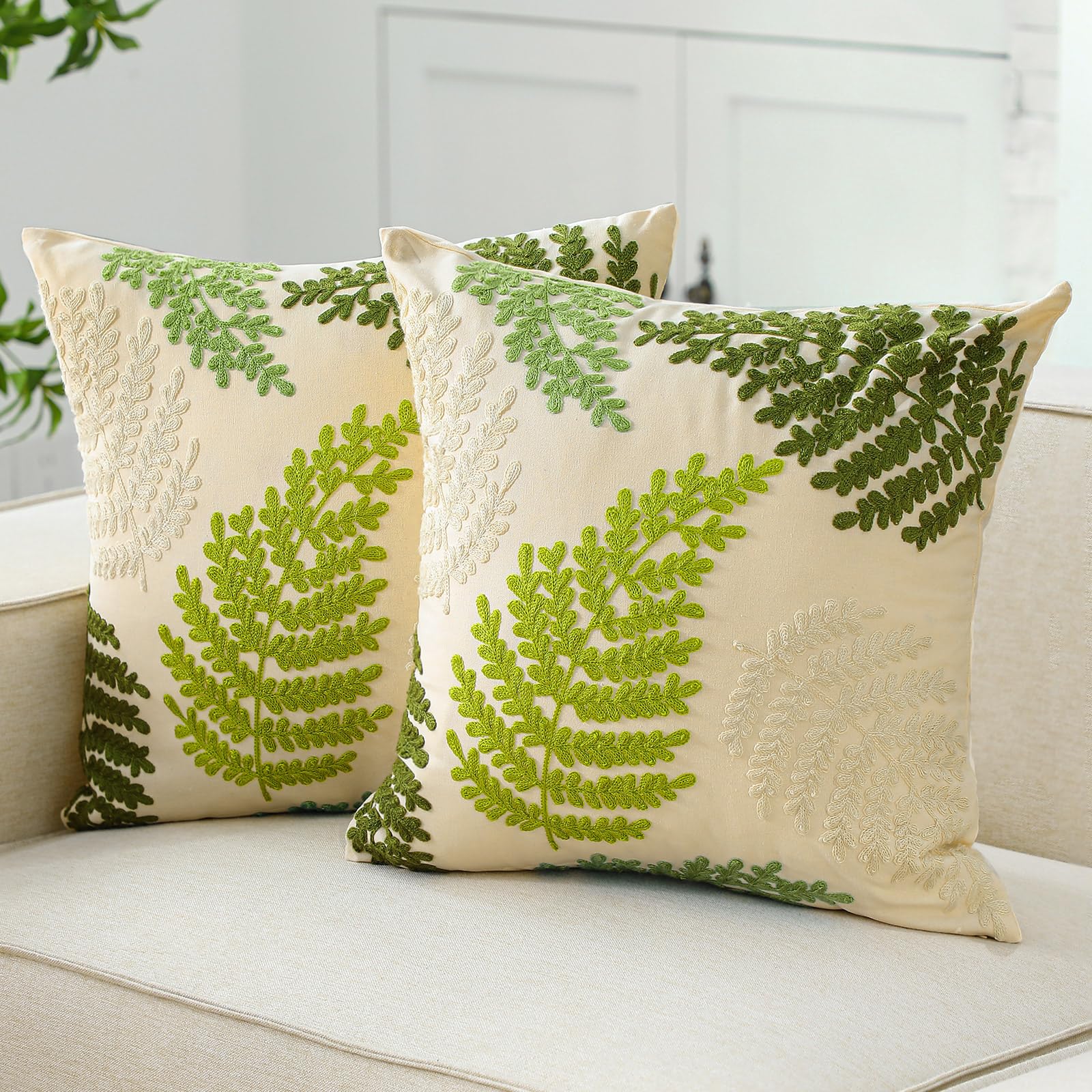 HunnmingRe 2 Pcs Sage Green Plant Embroidered Pillow Covers 18 x 18 Inch Tropical Fern Herbs Botanical Leaves Decorative Pillow Covers Farmhouse Soft