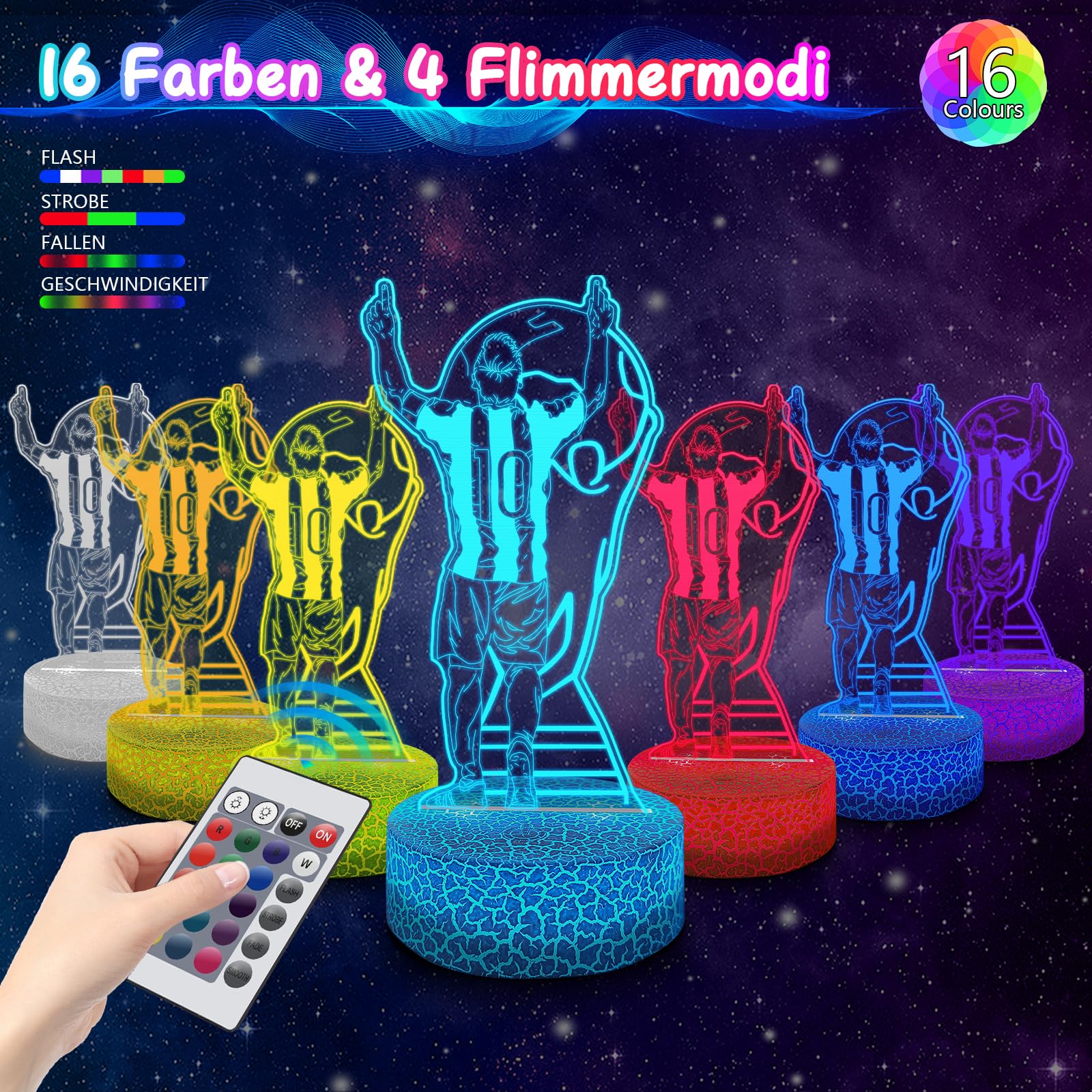 Polemera regalo comunione bambino, 3D Calcio Lampade con 16 colori cambia da telecomando, Regali di Natale Compleanno per Ragazza, Ragazzo, regalo bambino 10 anni maschio