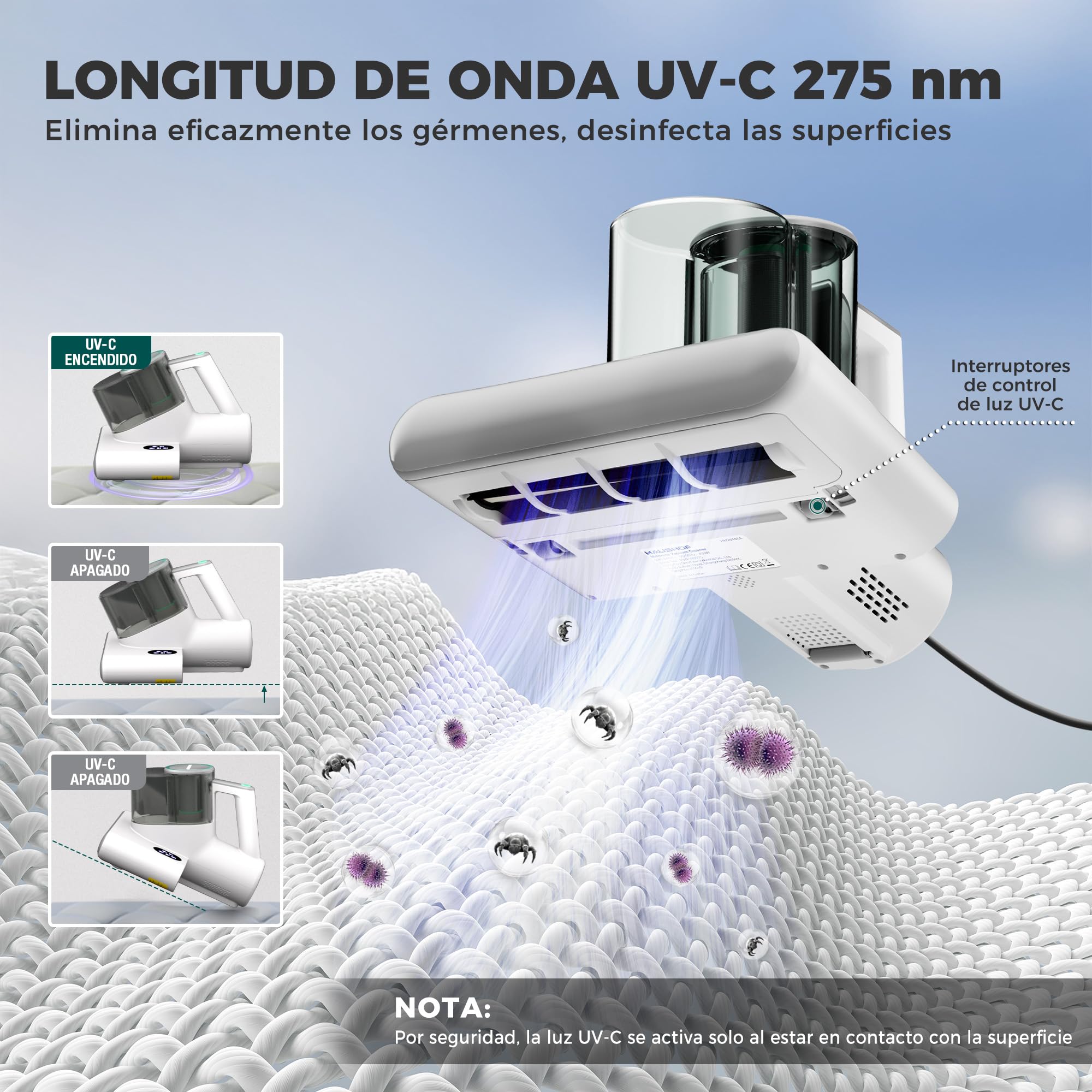 HAUSHOF Aspirador Antiácaros para Colchones 400 W, 10500 RPM con Luz UV-C 275 nm, Aire Caliente 60 ℃, Pantalla LED y Depósitos Dobles, Ideal para Camas, Sofás y Alfombras