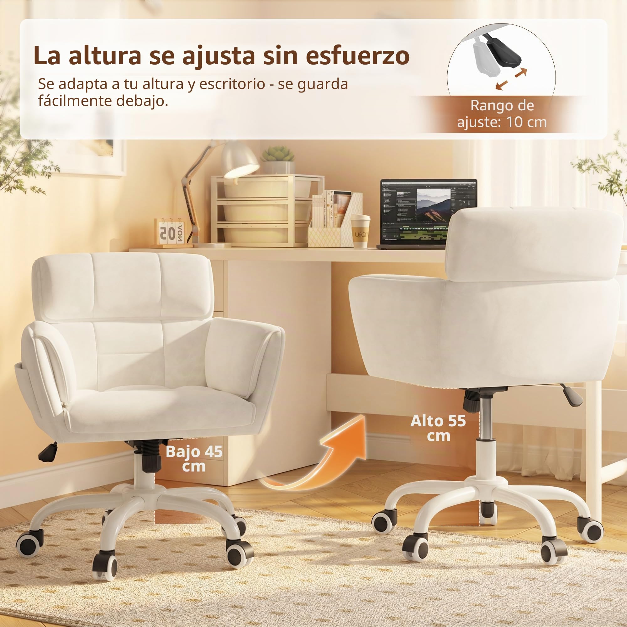 Silla de Escritorio con Ruedas, Silla de tocador Terciopelo, Altura Regulable e inclinable, Adecuada para Oficina, habitación y Estudio, Familiar, soporta hasta 150kg, Blanc