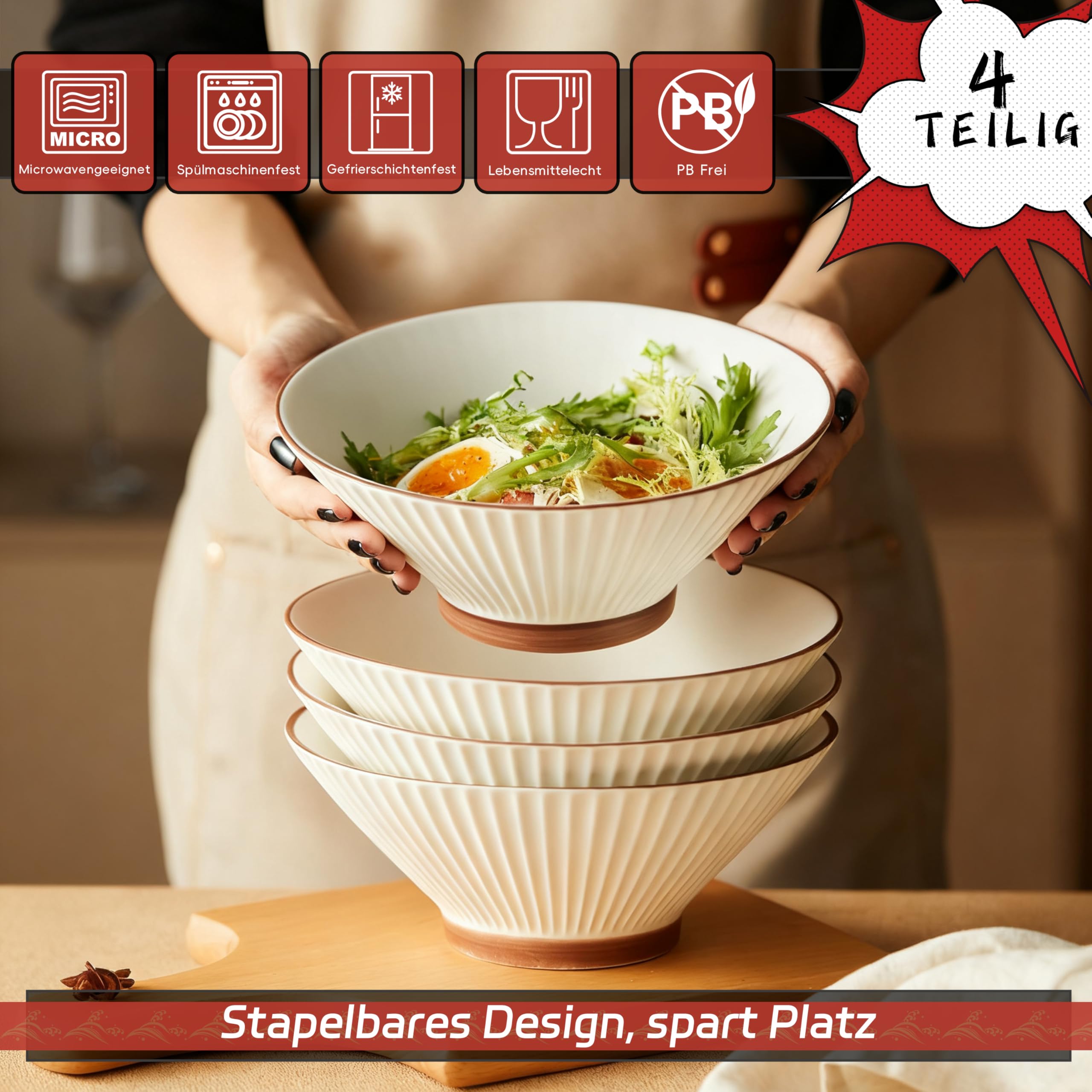 Jiwoo Ramen Schüssel Set 4-teilig 1100ml – große Keramik Ramen Schalen Ø20cm, tiefe Suppenschalen mikrowellen- und spülmaschinengeeignet, Nudelschalen für Ramen, Suppe, Salat & Spaghetti