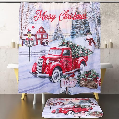 Miniatura 6 de Juego de cortinas de ducha con alfombra antideslizante decoración de tapete de baño de Navidad decoración brillante de árbol de Papá Noel de