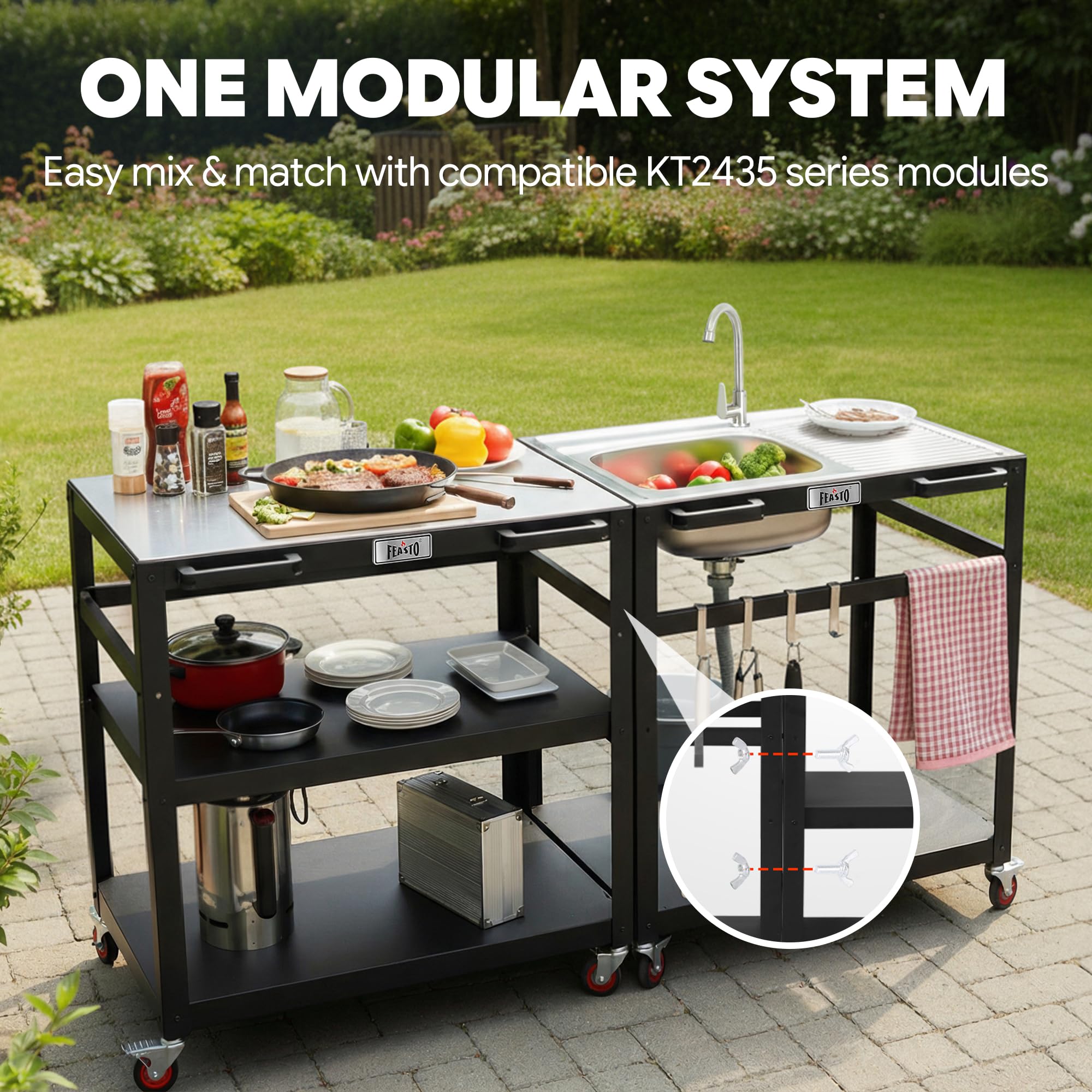 FEASTO Modulare Outdoor-Küchenspüle, freistehender Tisch mit Spüle, 304 Edelstahl, Einzelschüssel, Wasserhahn und Abtropffläche, Terrasse, Kochen, Garten, Grillen, bewegliche gewerbliche Küche