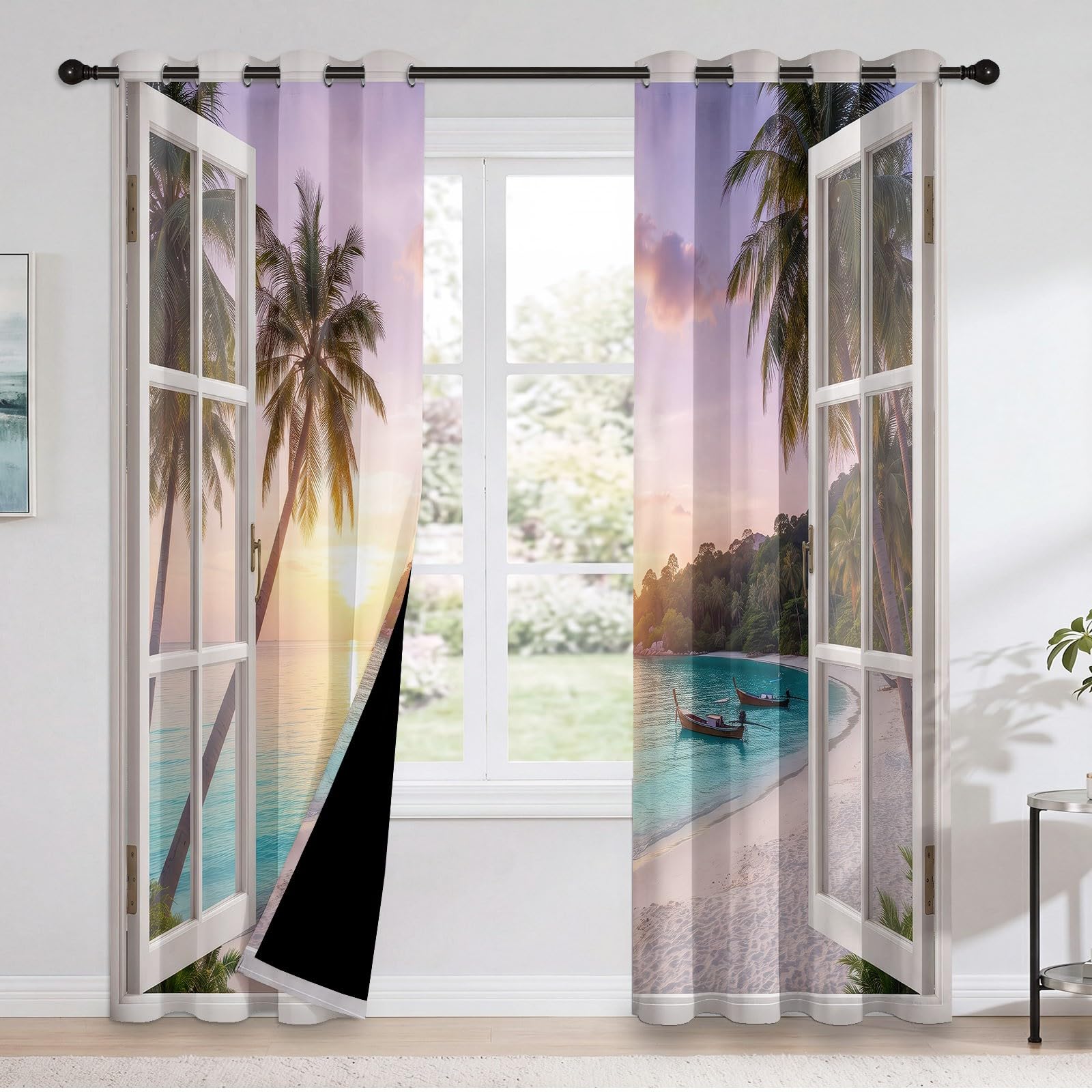 Verdunkelungsvorhänge Naturlandschaft, Französische Fenster Strand Sonne Kokospalmen Boot Vorhänge Ösen für Wohnzimmer, H245 x B100 cm 2 Paneele Blickdicht Thermovorhang Dekor für Schlafzimmer, Bunt