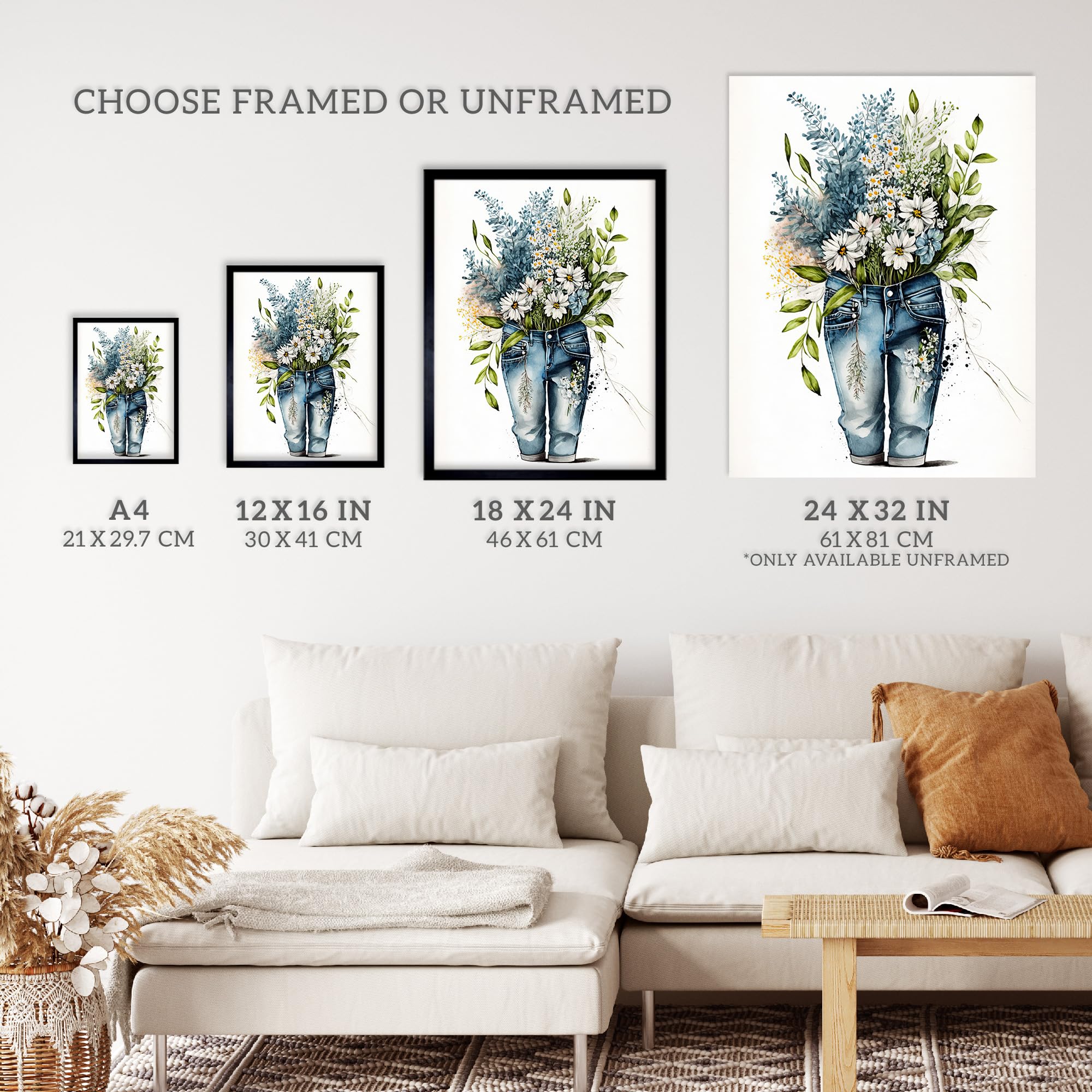 Wee Blue Coo Wildflower Bouquet in a Pair of Blue Jeans Watercolour Painting Spring Flowers Bursting out of Trousers Extra Large XL Wall Art Poster Print - Image 3