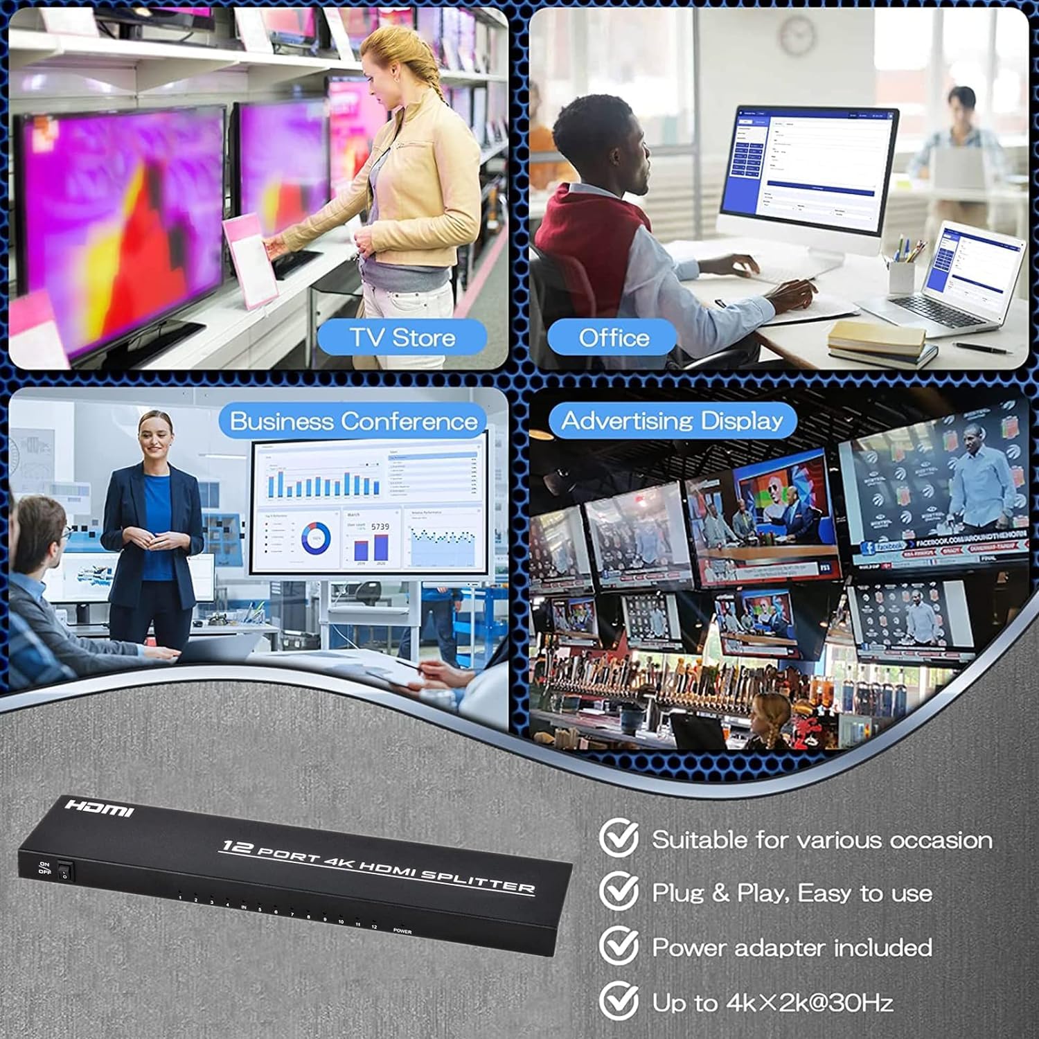 Répartiteur HDMI 4K 1 entrée 12 sorties, distributeur HDMI alimenté prenant en charge 4K x 2K @ 30 Hz Full HD pour PC, ordinateur portable, PS4, Xbox, HDTV bureau, enseignement à domicile