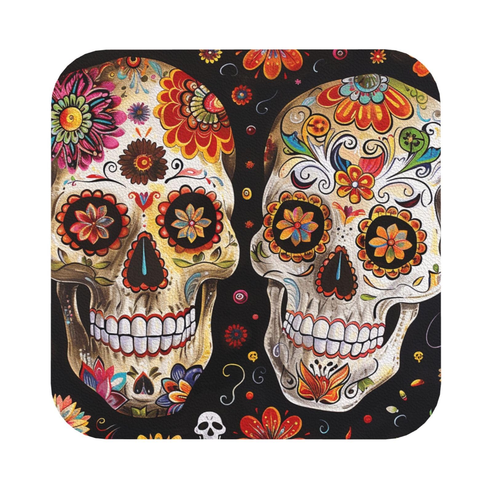 Sugar Skulls Print Leather Coaster Set of 6, Square Coasters Table Decorative Coffee Cup Beverage Coasters Wine Beer Bar Coasters for Hot Drinks Table Protection