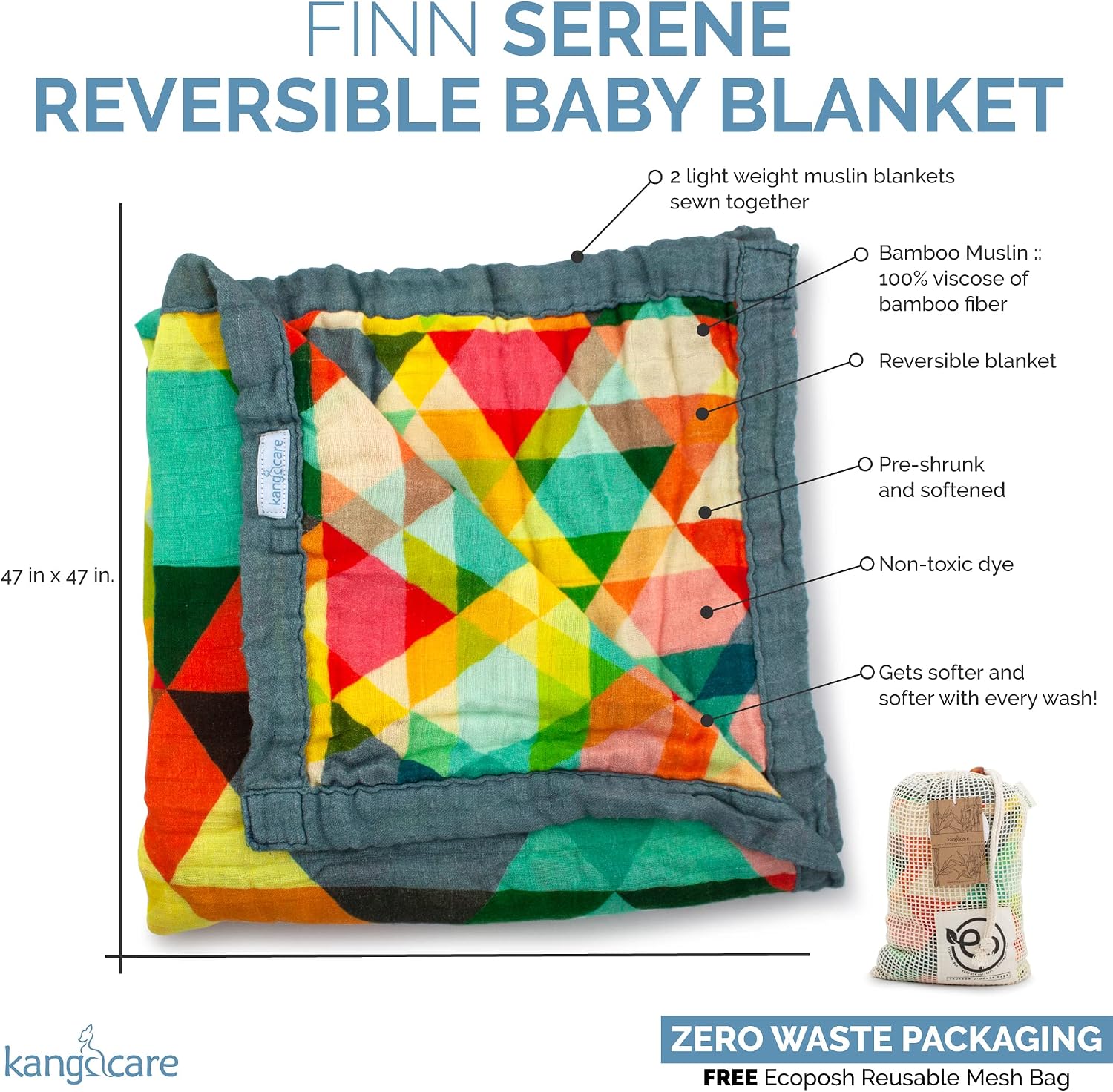 Kanga Care Serene Premium Viscose of Bamboo Muslin Double Layer Reversible Baby Blanket 47x47 - Finn