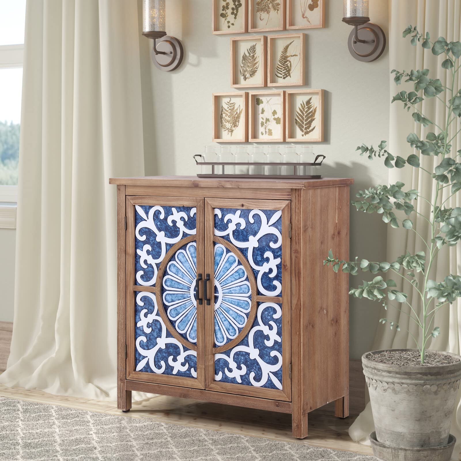 GREEN PARTY Storage Cabinet Retro Carved Style with 2 Doors Porcelain Pattern, Freestanding Storage Oragnizer for Entryway Home Kitchen Living Room