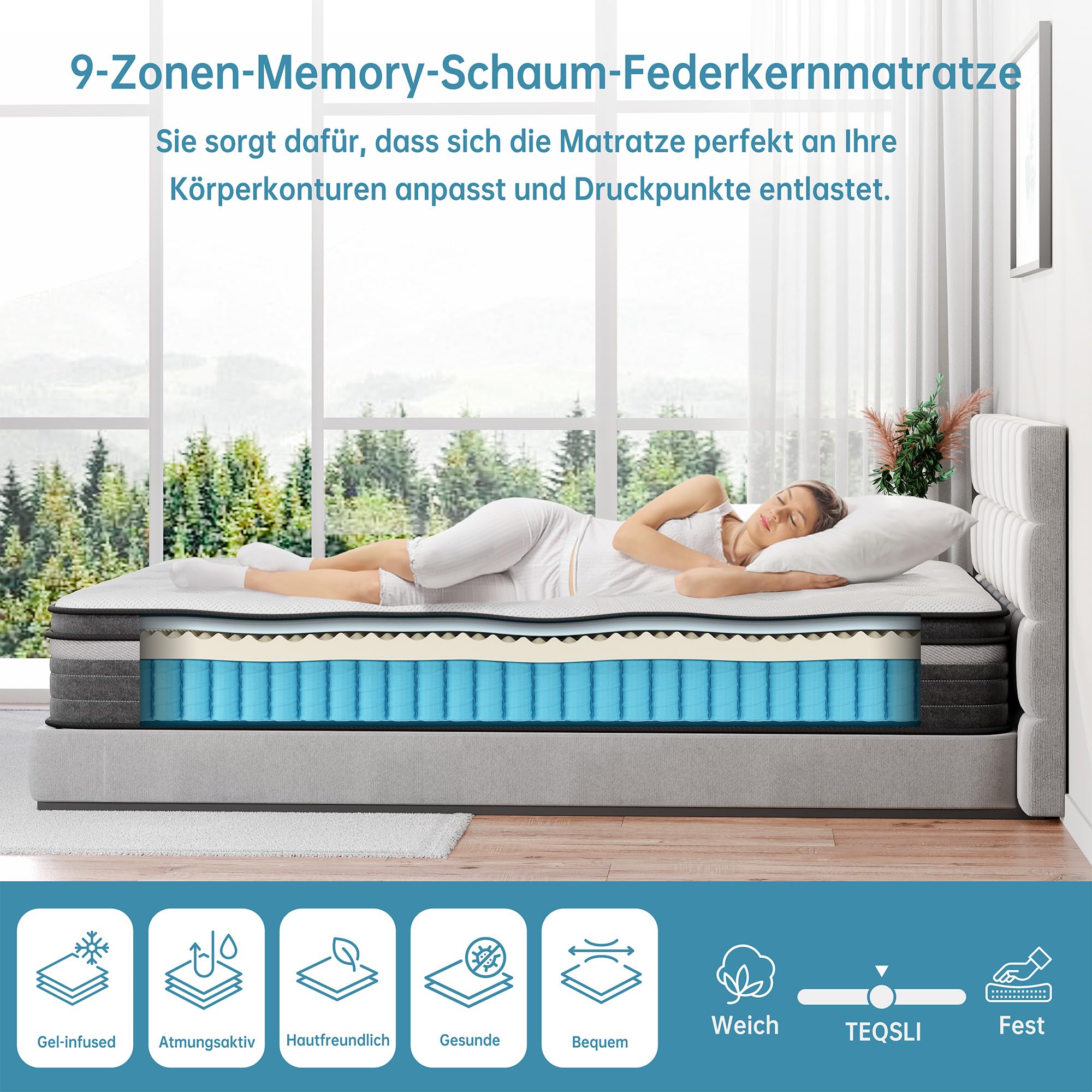 TeQsli Gel Taschenfederkernmatratze 140x200 cm 25 cm Höhe H3 Härtegrad, Ergonomische 9-Zonen Matratze, Orthopädische Federkernmatratze mit Gel-Memory-Schaum, Öko-Tex & CertiPUR Zertifiziert