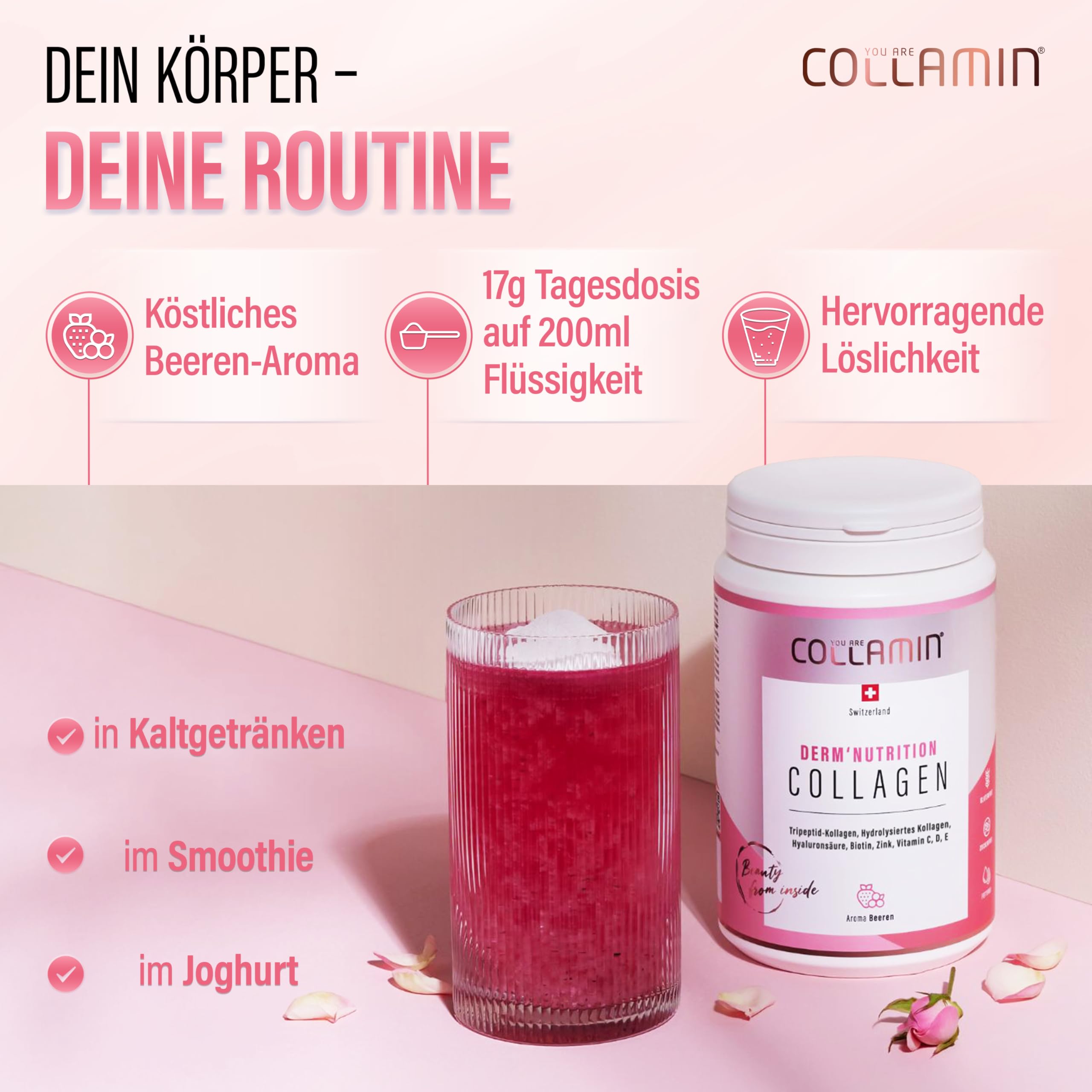 Derm'Nutrition Collagen Pulver - 480g I Tripeptid-Kollagen Pulver mit Vitamin C & Hyaluron I Kollagen Pulver (Rind) mit Beeren Aroma I Hydrolysiertes Kollagen - Made in Switzerland