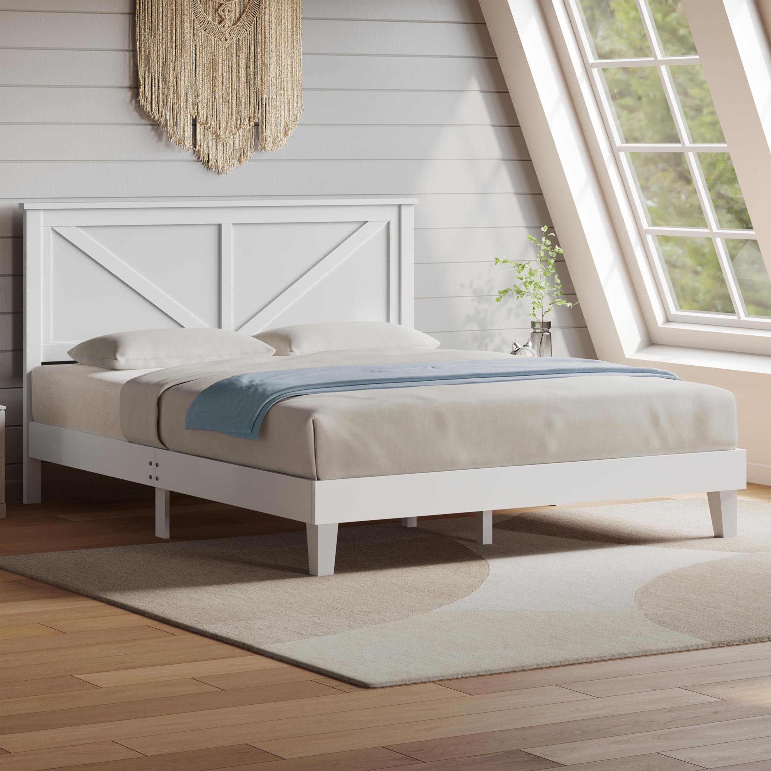 A full-size mattress on the Yaheetech Full Farmhouse Wood Platform Bed Frame, showing overall dimensions and weight capacity.