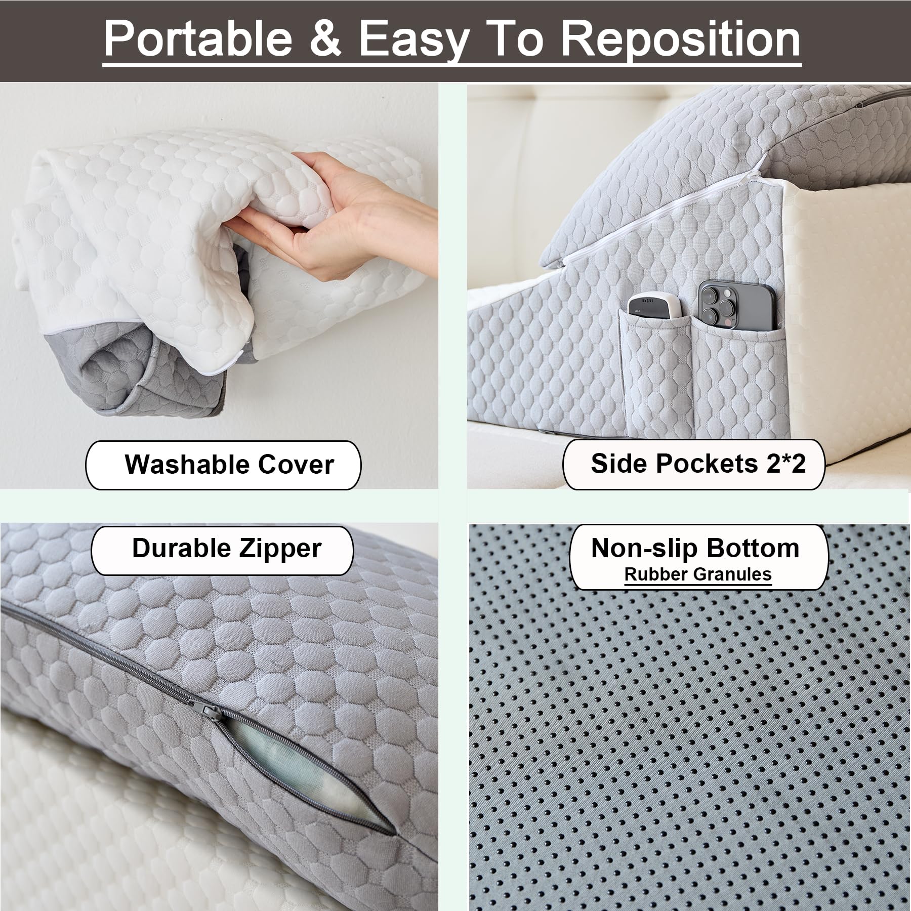 Almohada ortopédica de cuña con almohada de media luna extraíble, soporte para dormir, sentarse, reflujo ácido y recuperación postoperatoria, cojín ajustable para cuello, espalda y codo, blanco y gris
