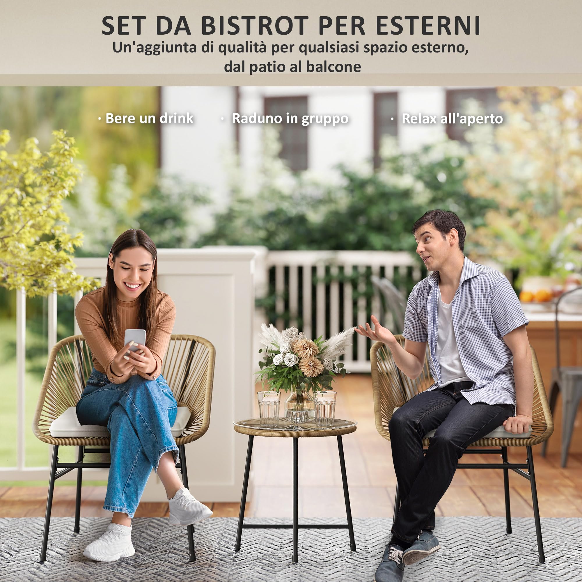 Outsunny Set da Giardino 3 Pezzi in Rattan PE e Acciaio, Set 2 Sedie con Cuscini e Tavolino da Caffè a Cilindro con Piano in Vetro, Set di Mobili da Balcone, per Patio e Cortile, Color Legno