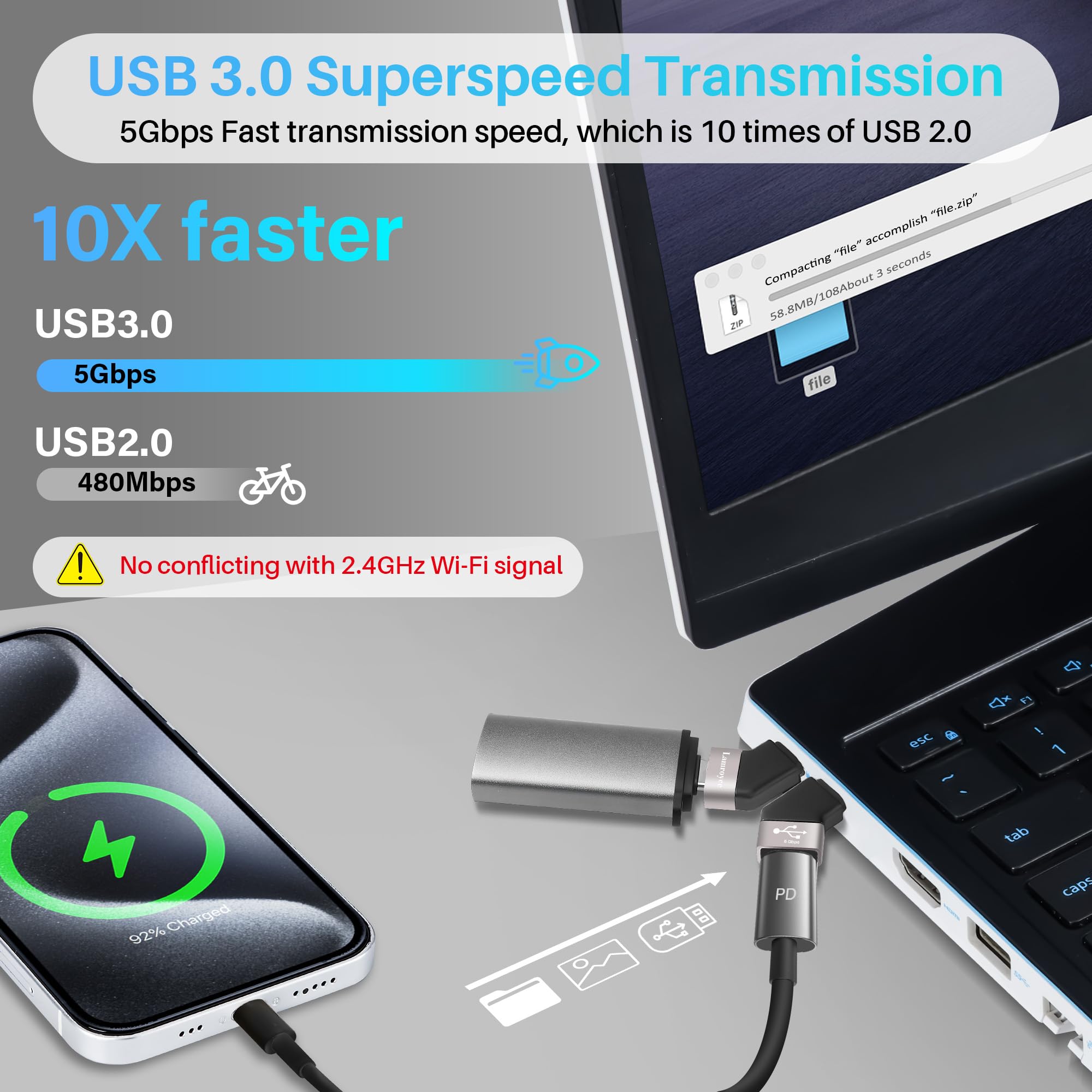 Adapter USB-C na USB 4-pak, [konstrukcja kątowa 45 stopni, zastosowanie obok siebie] 2 x USB C 3.1 męski na żeński i 2 x złącze USB C 3.1 męskie na USB A żeńskie złącze konwertera OTG obsługuje