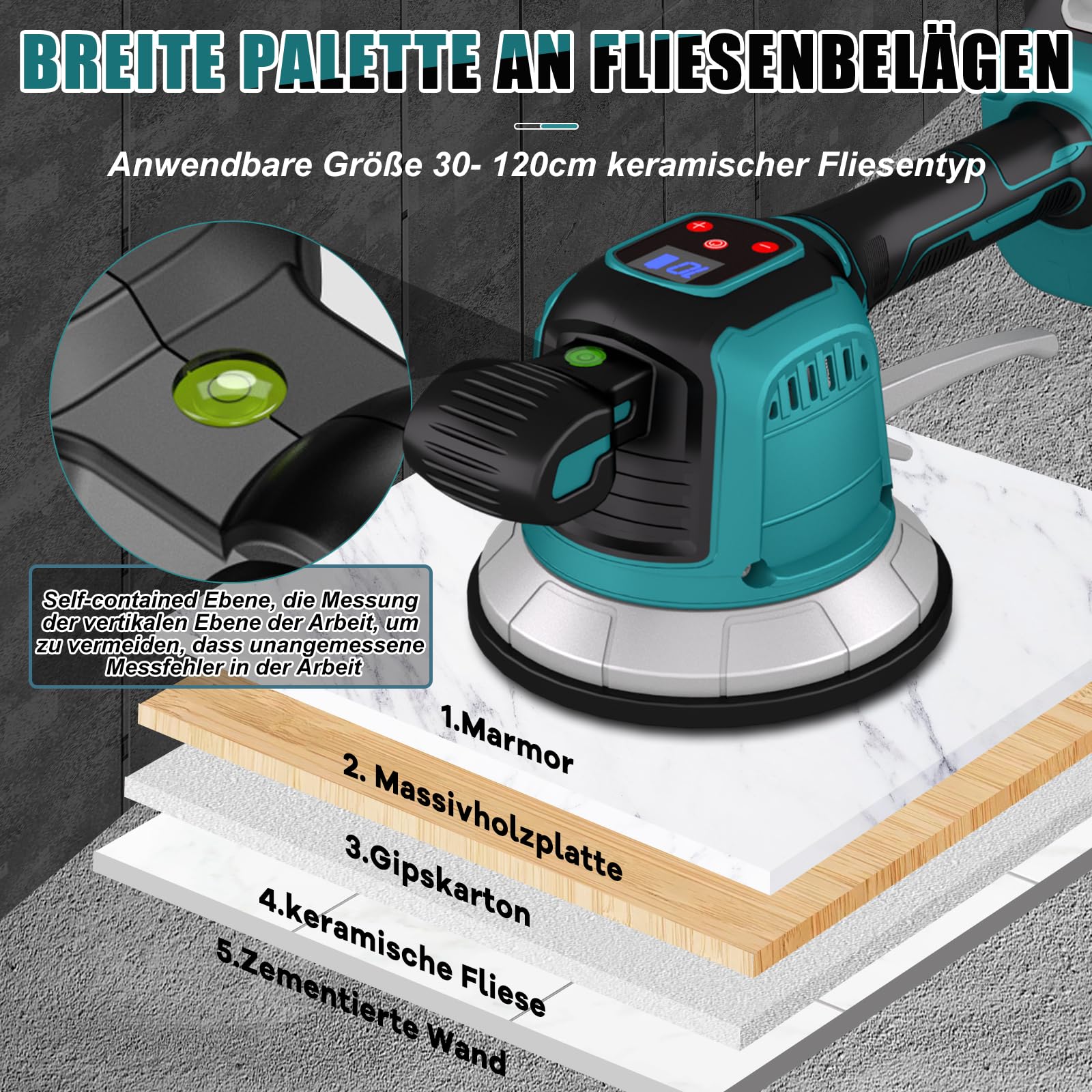 Vibrador baldosas sin cable para Makita 18 V batería, Máquina Pared Azulejos con 6 velocidades, ventosa de 14,8cm y 160 kg de adsorción para colocar baldosas de 30-120cm (Baterías no incluidas)