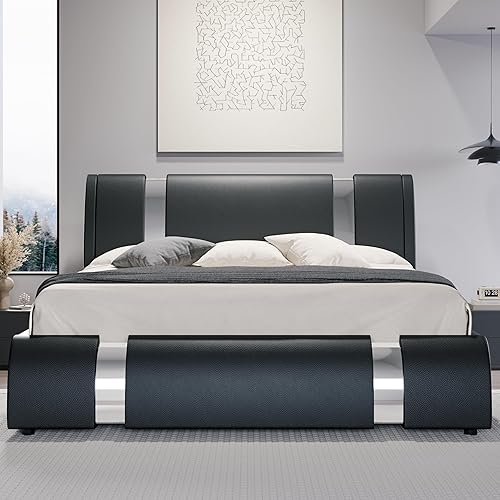 HOOMIC Base de cama moderna de piel sintética tamaño Queen con decoración de piezas de hierro, cama de plataforma de perfil bajo con cabecera