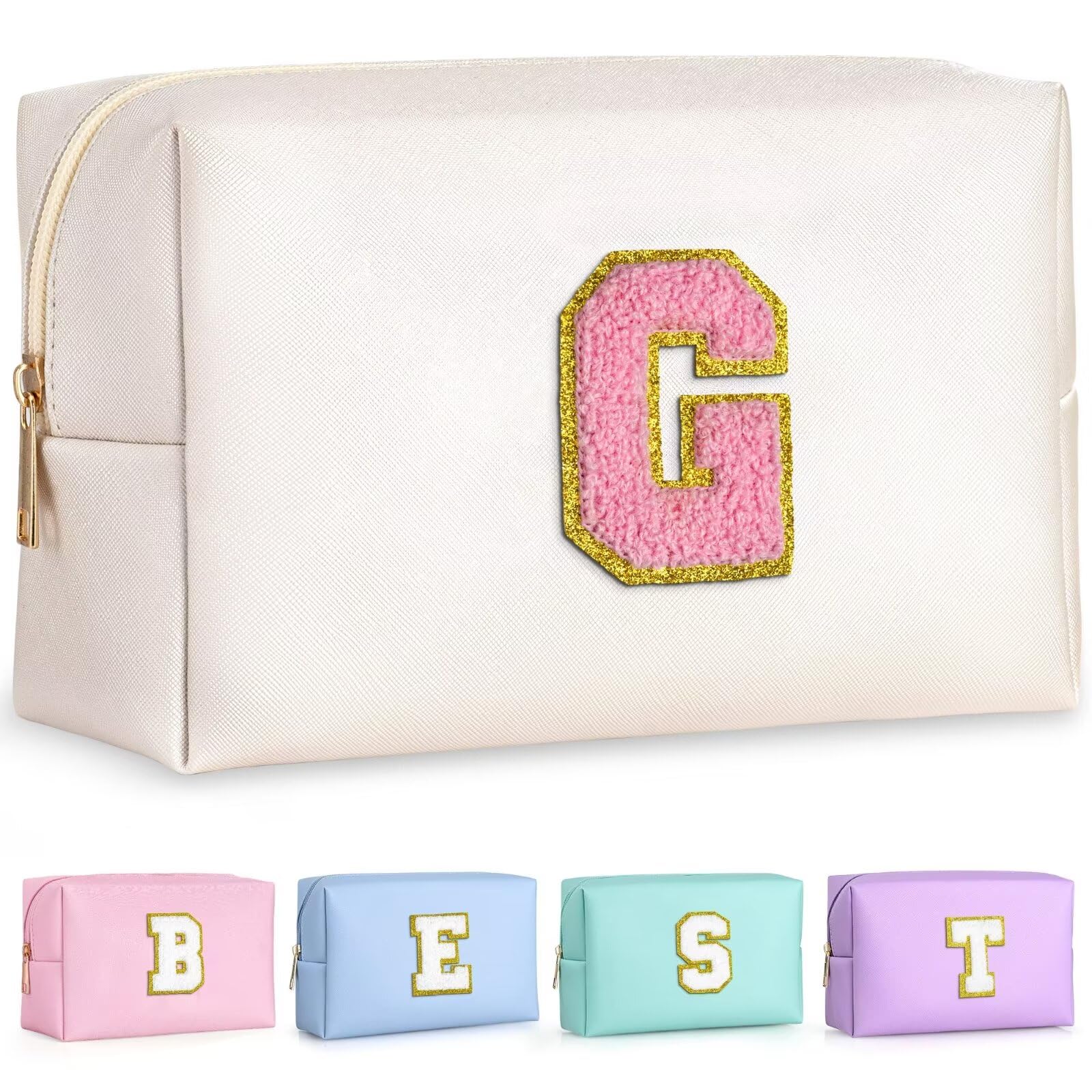 TOPEAST Travel Makeup Bag, Personalized Initial Toiletry Bag w Zipper, Cute Makeup Pouch, PU Leather Waterproof Cosmetic Bag, Birthday Gift for
