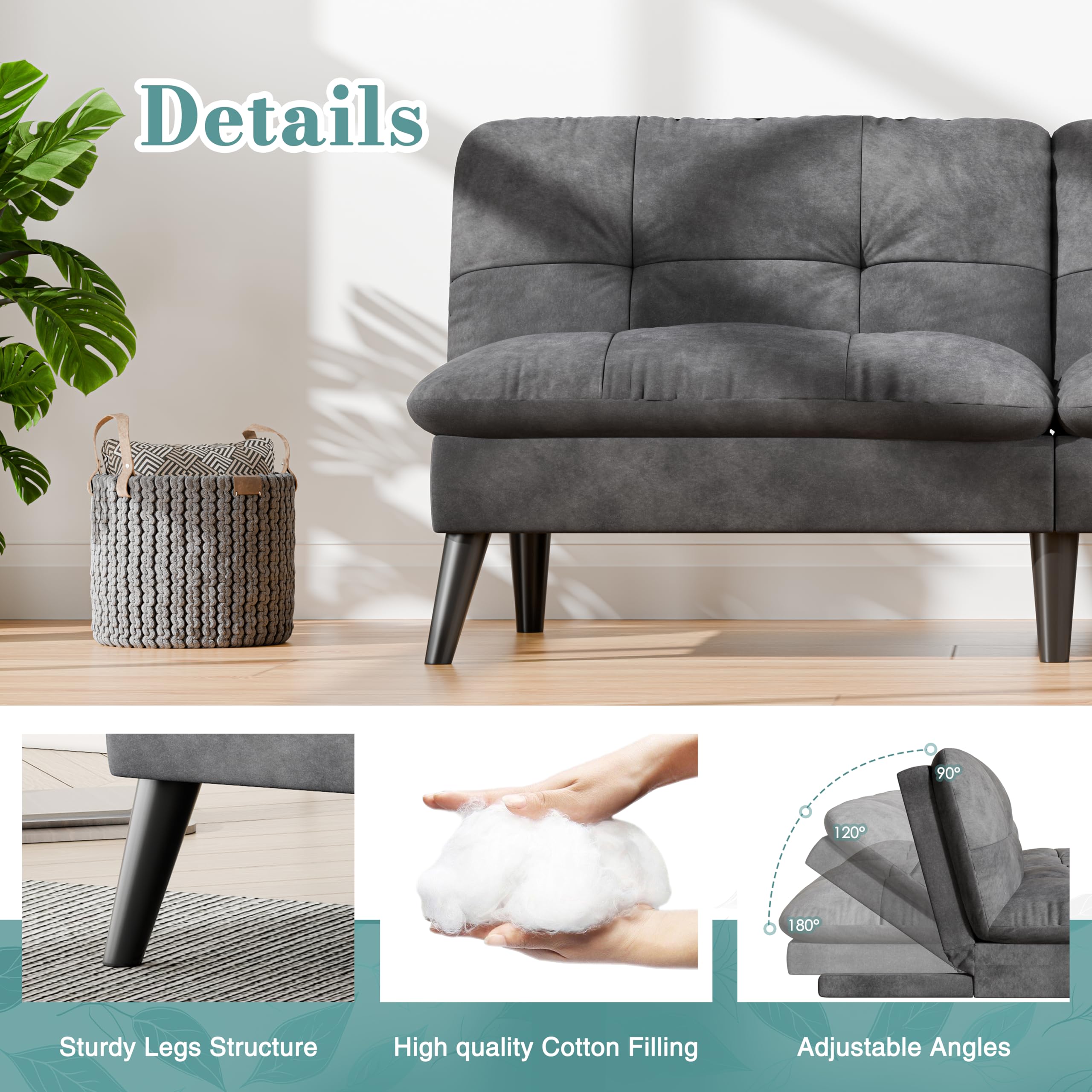 Small Futon Sofa Bed, Folding Futon Bed Sleeper Couch Recliner for Living Room, Convertible Cloud Sofa Couch with Adjustable Backrest for Apartment & Office Velvet, Parloma