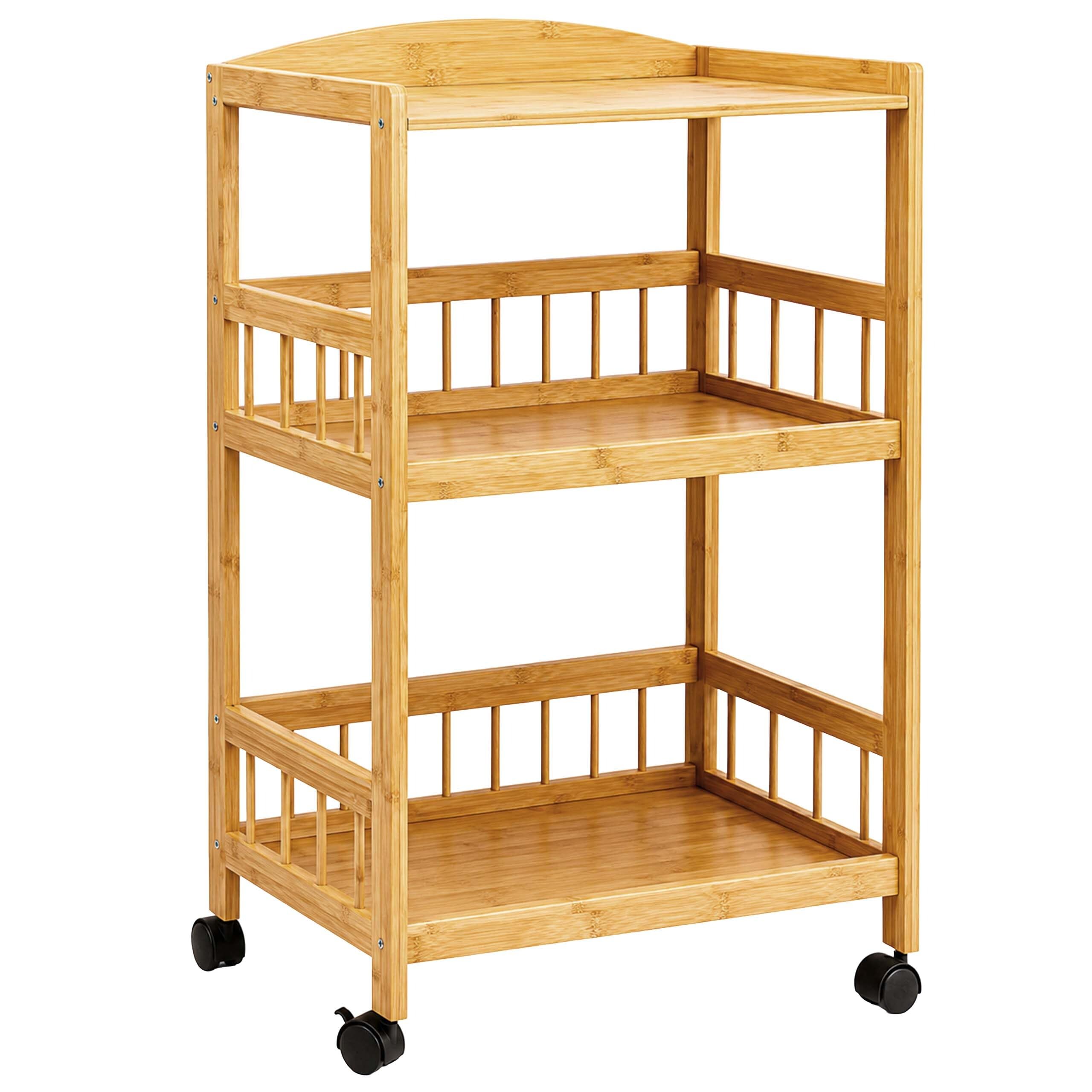Relaxdays Chariot de Service Bambou 80 x 53 x 30 cm, 3 étages, Naturel | Étagère à roulettes pour la cuisine et le salon, chariot de cuisine
