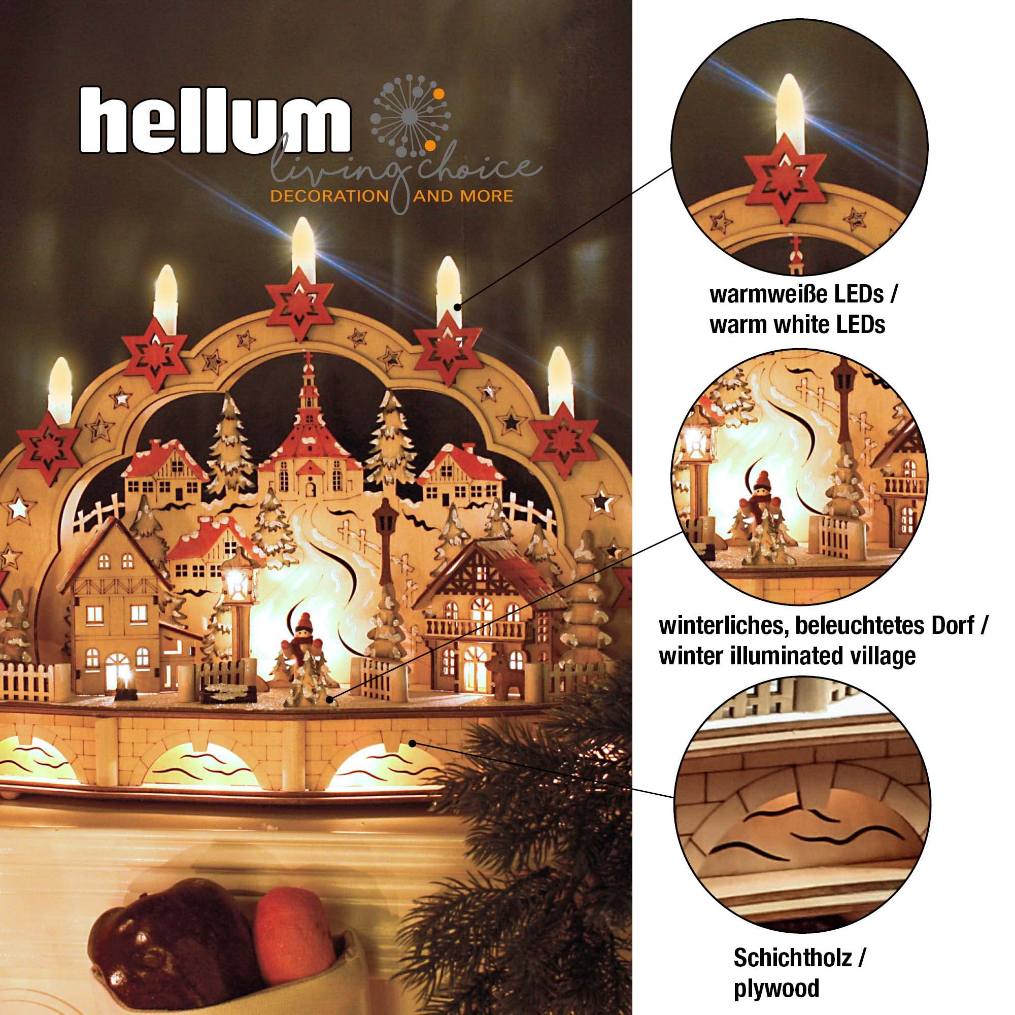 Großer LED 3D-Schwibbogen 68x39cm Weihnachtsmarkt mit 3 Buden & Baum Erzgebirge