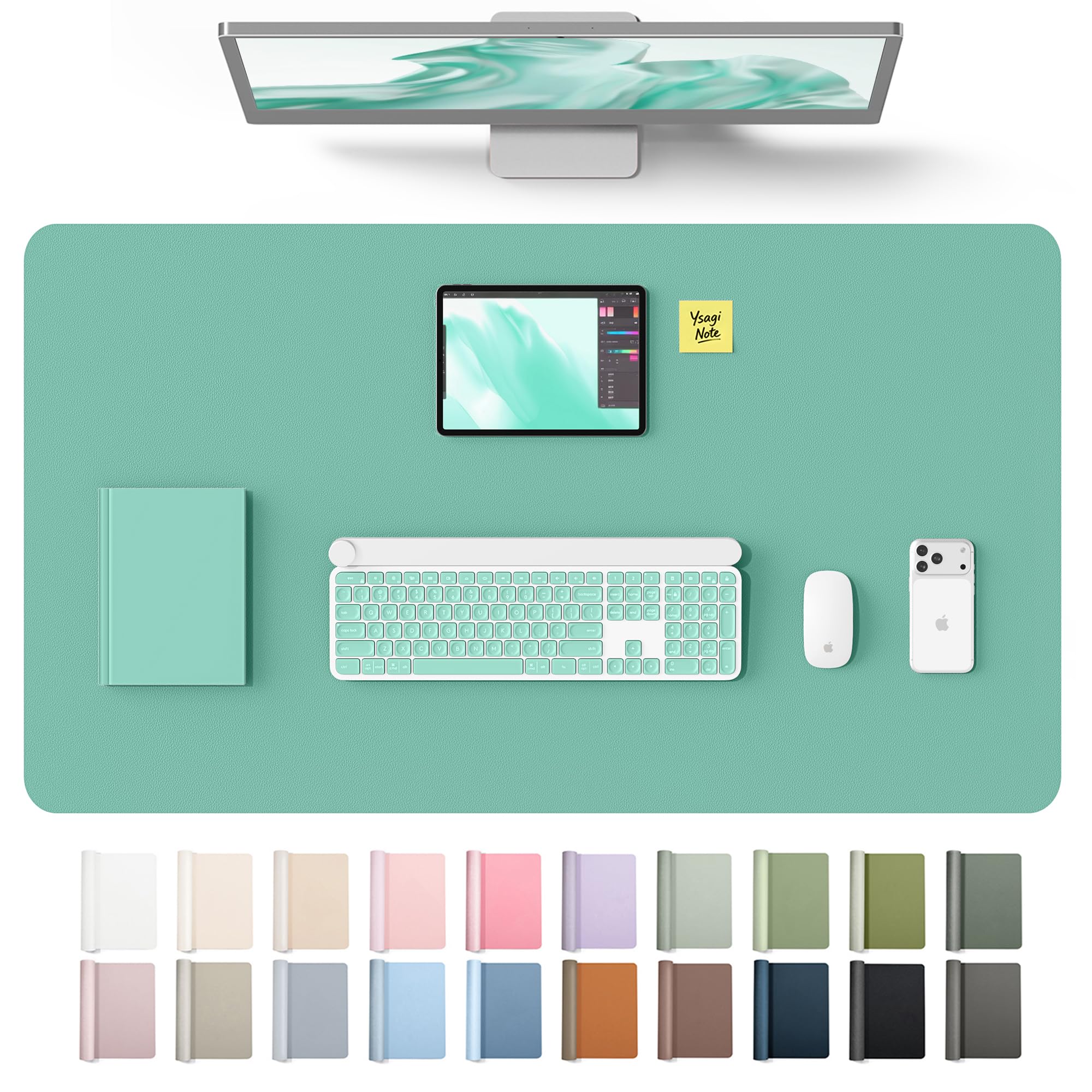 YSAGi Leather Desk Protector, Office Mat, Large Mouse Mat, Non-Slip PU Leather Blotter, Laptop Desk Mat, Waterproof Writing Pad for Office and Home(Green-Blue, 40" x 24") Green-blue 40" x 24"