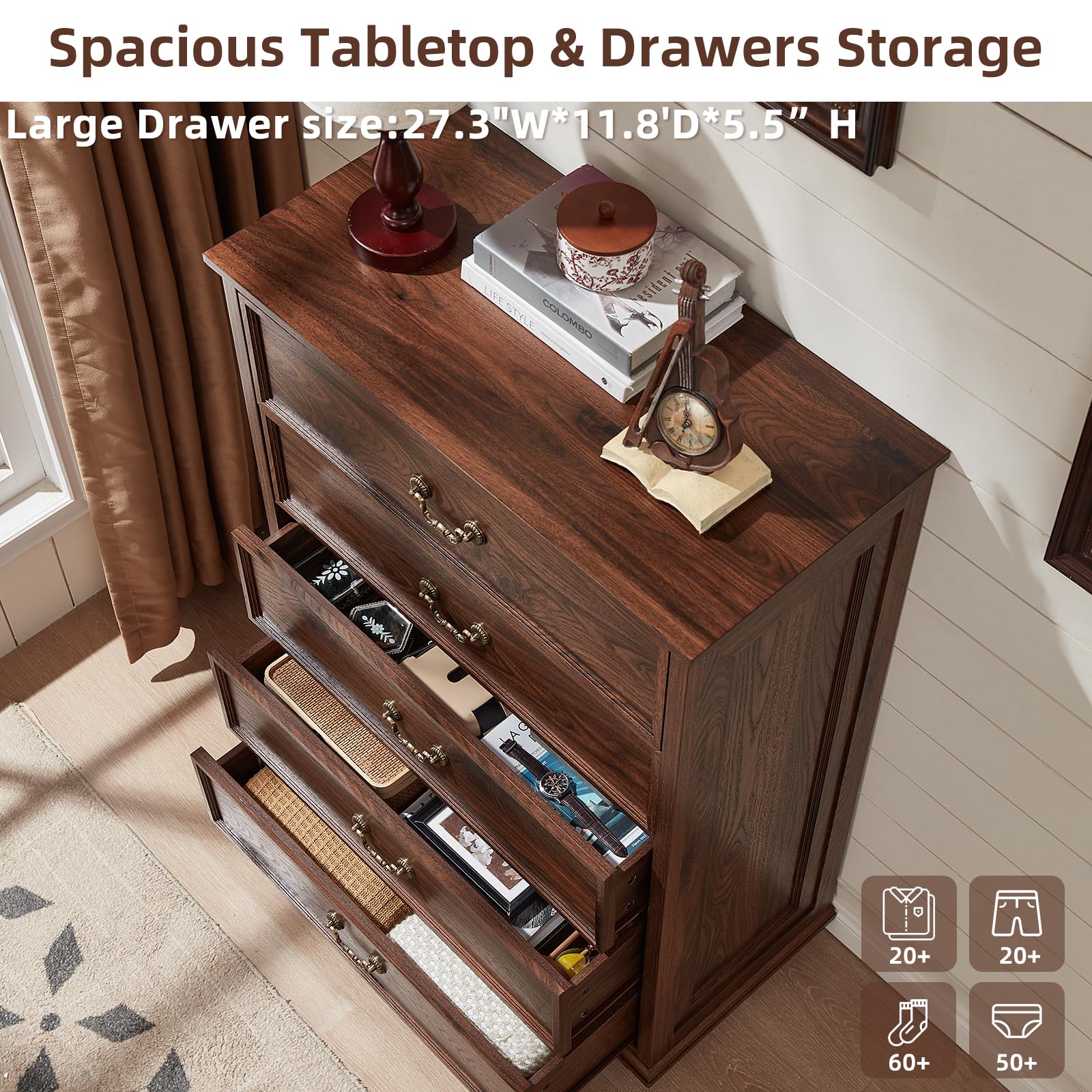 Amazon.com: Joaxswe Farmhouse 5 Drawer Dresser for Bedroom, 45" Tall Rustic  Chests of Drawers w/ 4 Solid Wood Feet, Mid Century Modern Wooden Closet  Storage Dressers Organizer for Living Room, Hallway, Brown :