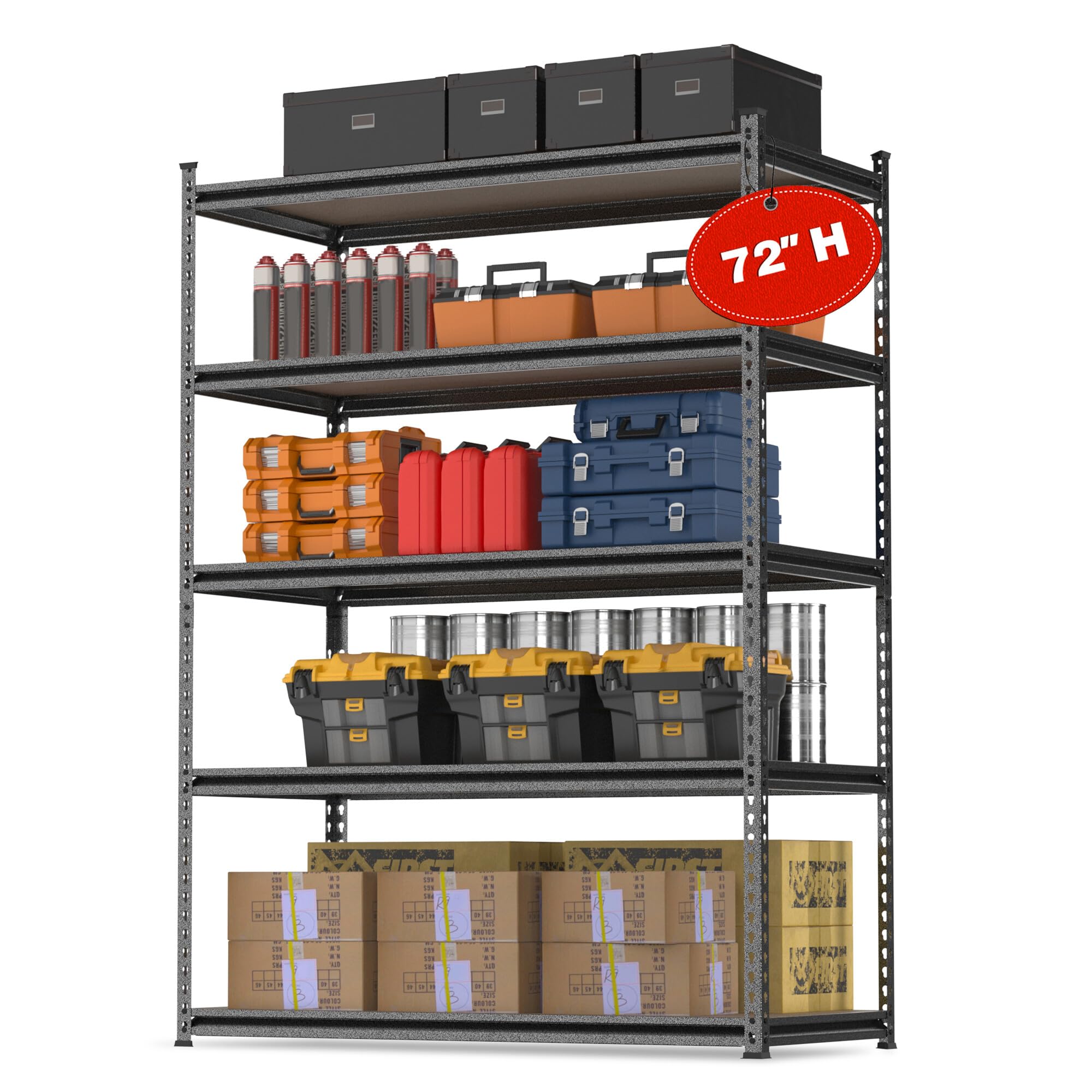 workpro 5-tier metal storage shelving unit, 36�w x 18�d x 72�h, adjustable storage rack heavy duty shelf with particle board, 4000 lbs load capacity (total) for garage warehouse, black/silver