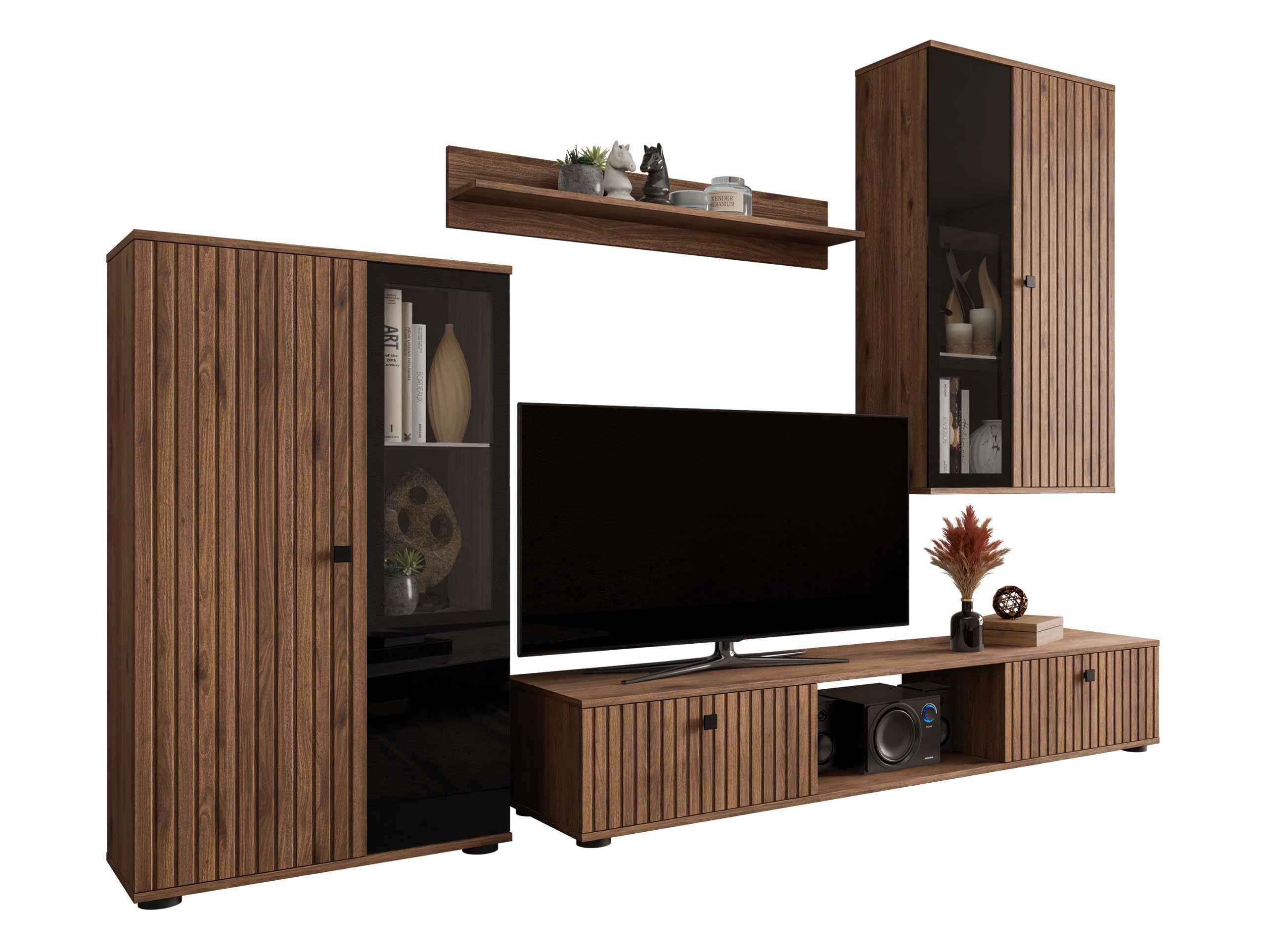 Mirjan24 Wohnwand Salsa II, Anbauwand, Design Mediawand, Wohnzimmer Set, Wohnzimmerschrank, Schrankwand, Hängeschrank, Vitrine, TV Lowboard (Nuss Okapi, ohne Beleuchtung)