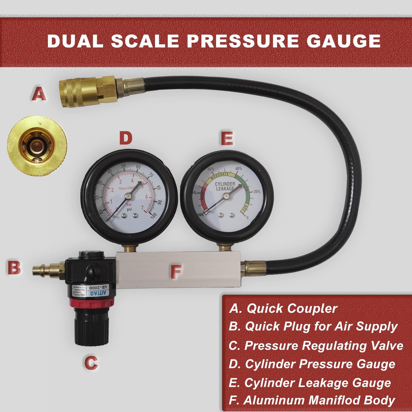 Auto Zylinder-Leckagetester mit 0-100PSI/ 0-7Bar Doppelmanometer, Motor Druckverlust Tester für Automotoren Diagnosewerkzeug für Druckprüfung und Leckratenprüfung
